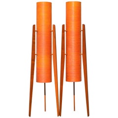 2 MCM Teak Tripod Floor Lamps W/ Orange Fiberglass Shades-by Sir Terence Conran