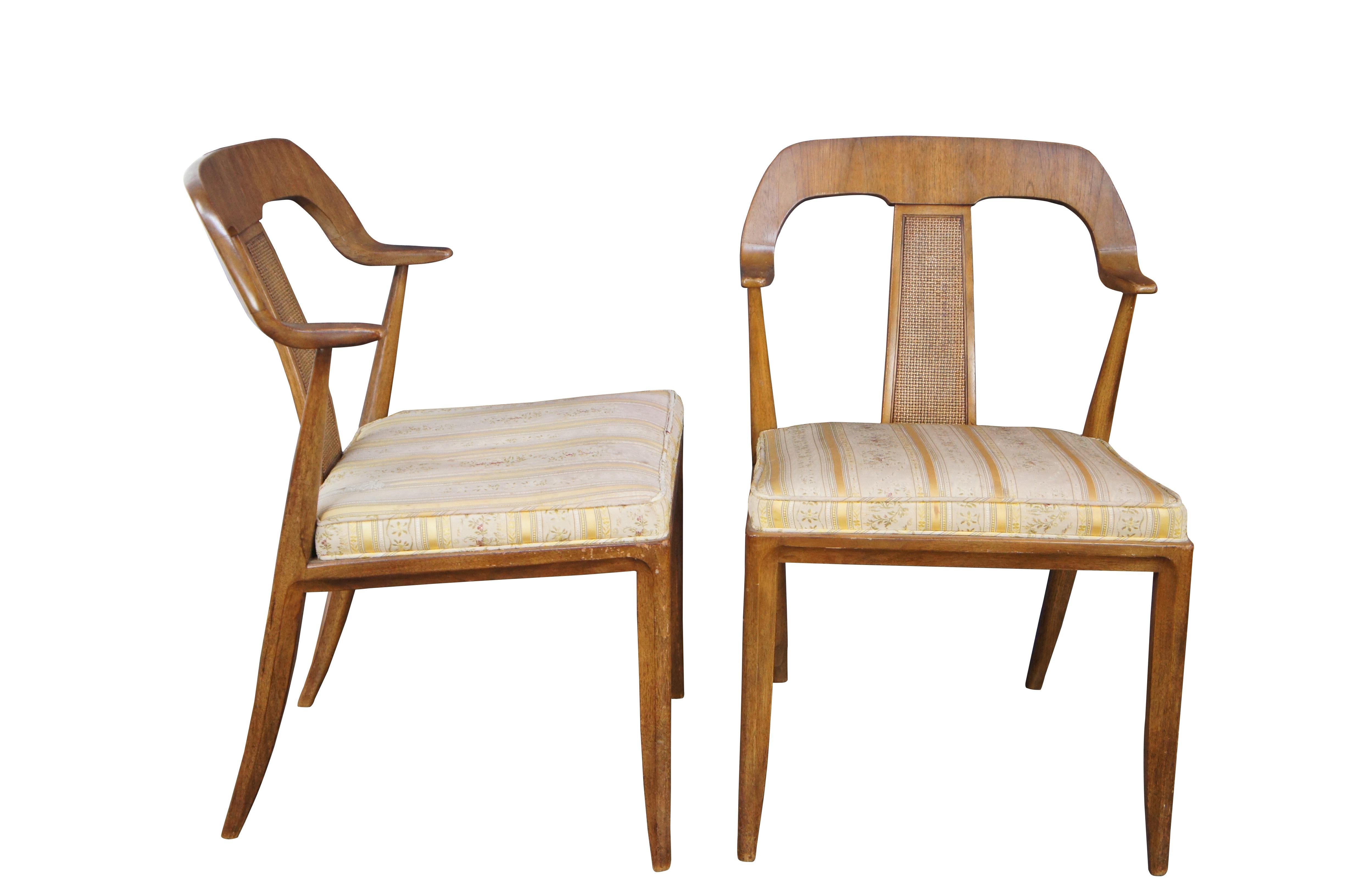 4 Michael Taylor for Tomlinson Sophisticate Walnut Dining Chairs. American Mid Century. Sculptural curved crests with woven wicker splats. Neoclassical style fabric.

Dimensions:
20