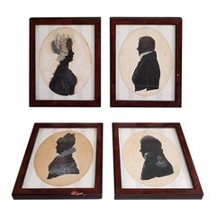 4 Mid-19th Century Miniature Silhouettes All Hand Drawn 2 Ladies and 2 Gentlemen