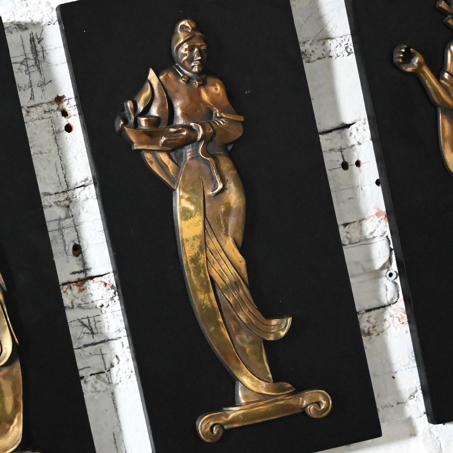 4 Mid-20th Century Asian Cast Bronze Figures on Black Wood Plaques Signed Gansu For Sale 6