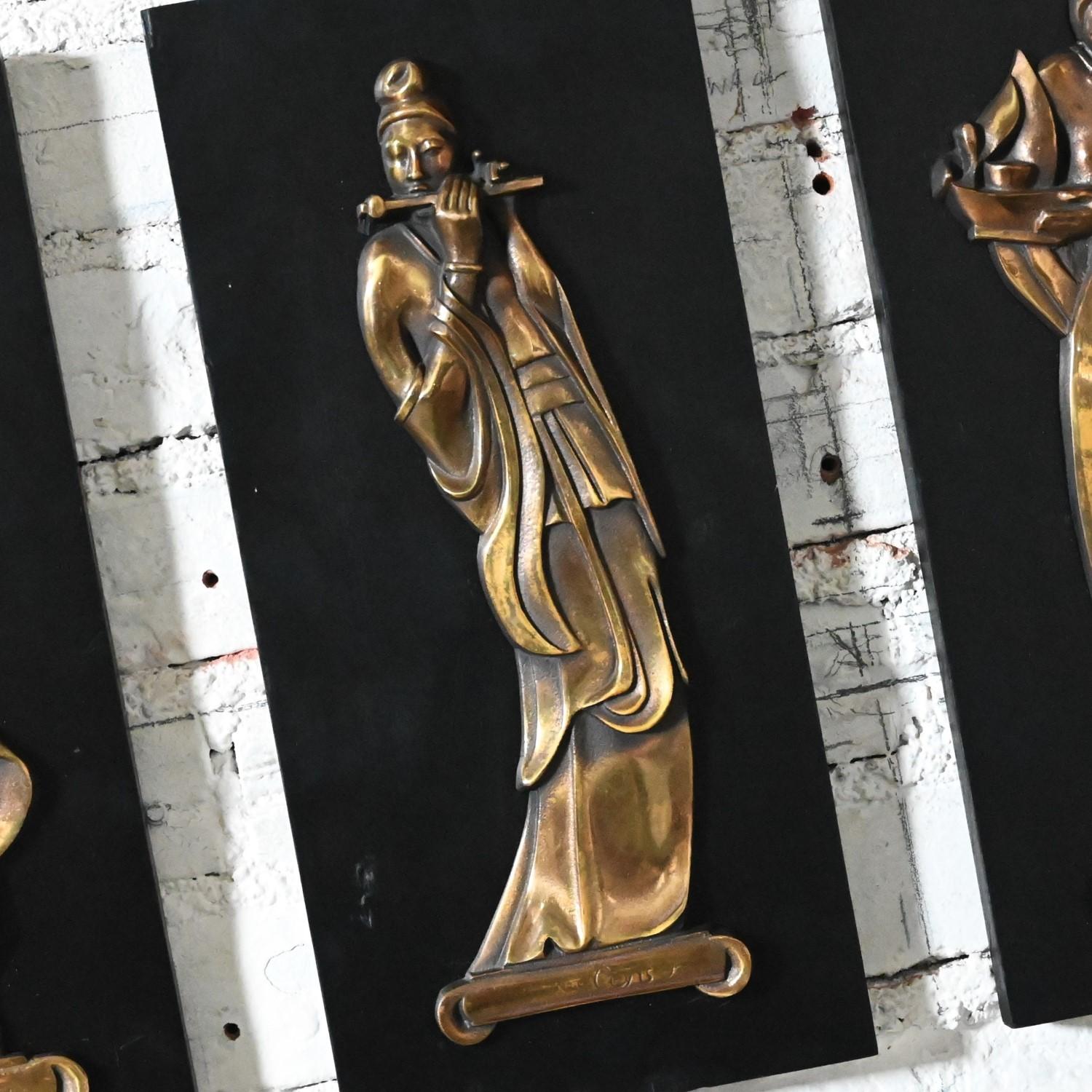 4 Mid-20th Century Asian Cast Bronze Figures on Black Wood Plaques Signed Gansu For Sale 7