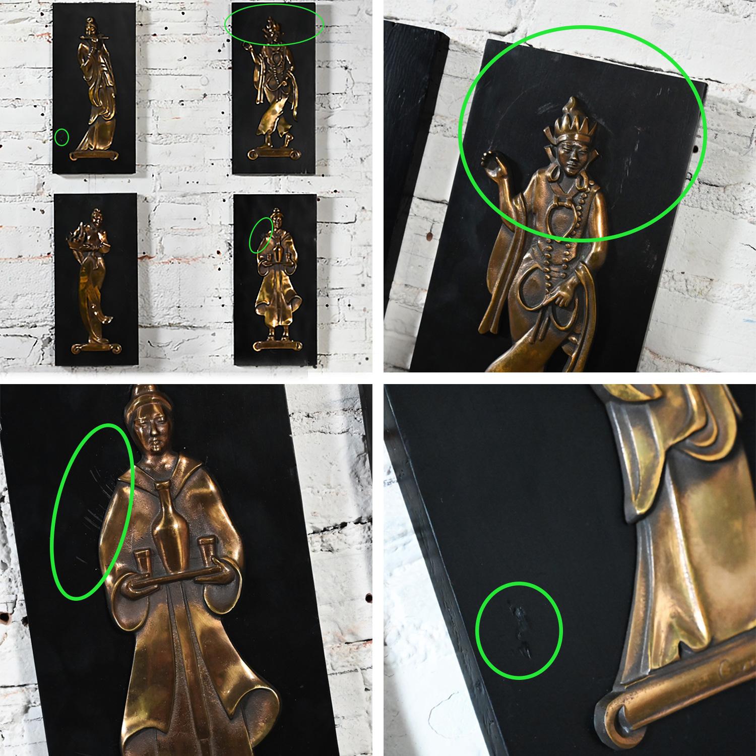 4 asiatische Bronzegussfiguren aus der Mitte des 20. Jahrhunderts auf schwarzen Holztafeln, signiert Gansu im Angebot 12