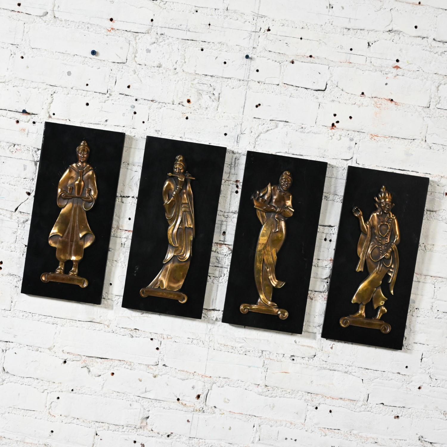 Chinoiserie 4 Mid-20th Century Asian Cast Bronze Figures on Black Wood Plaques Signed Gansu For Sale