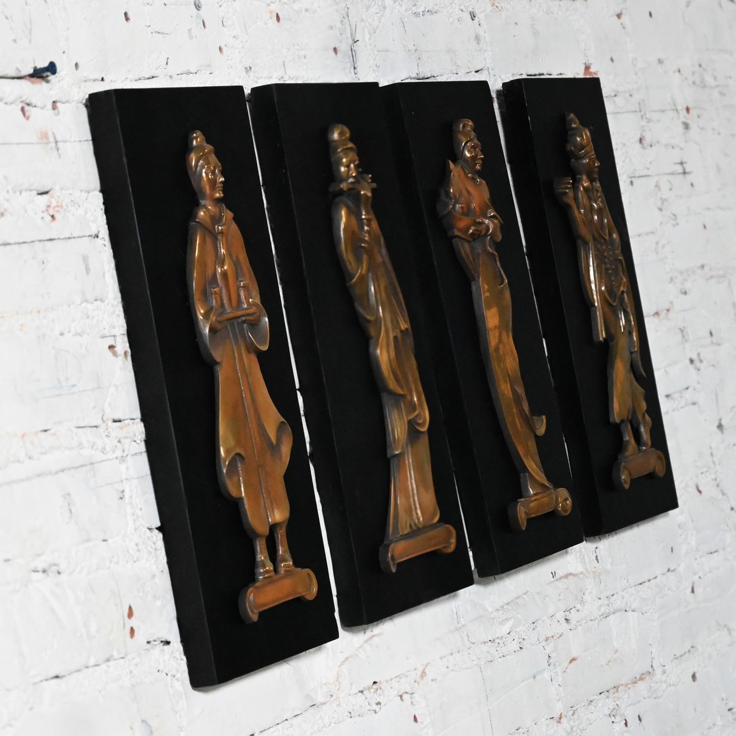 4 Mid-20th Century Asian Cast Bronze Figures on Black Wood Plaques Signed Gansu For Sale 1