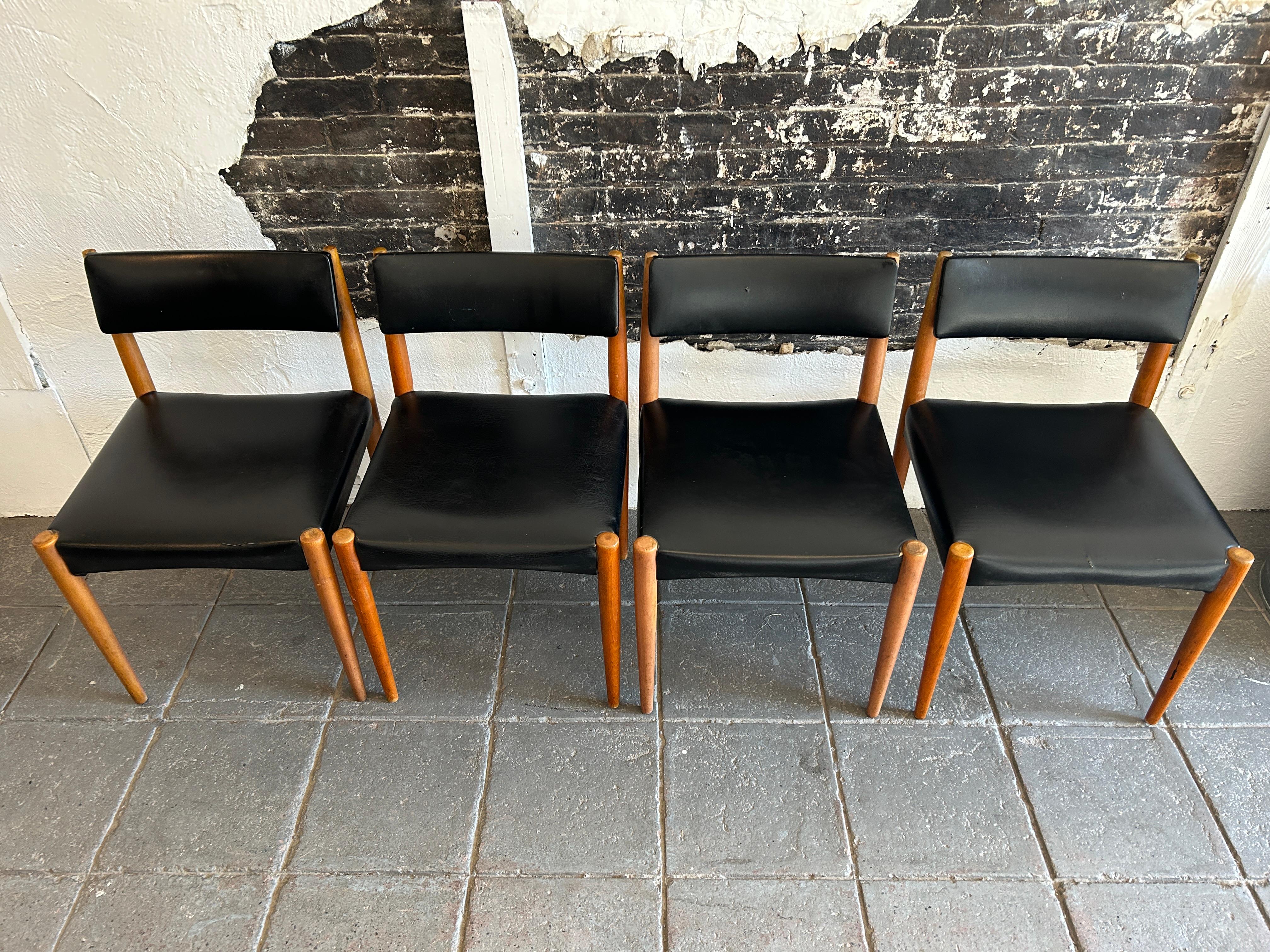 Woodwork 4 Mid Century Danish Modern Dining Chairs Black Vinyl Birch Wood