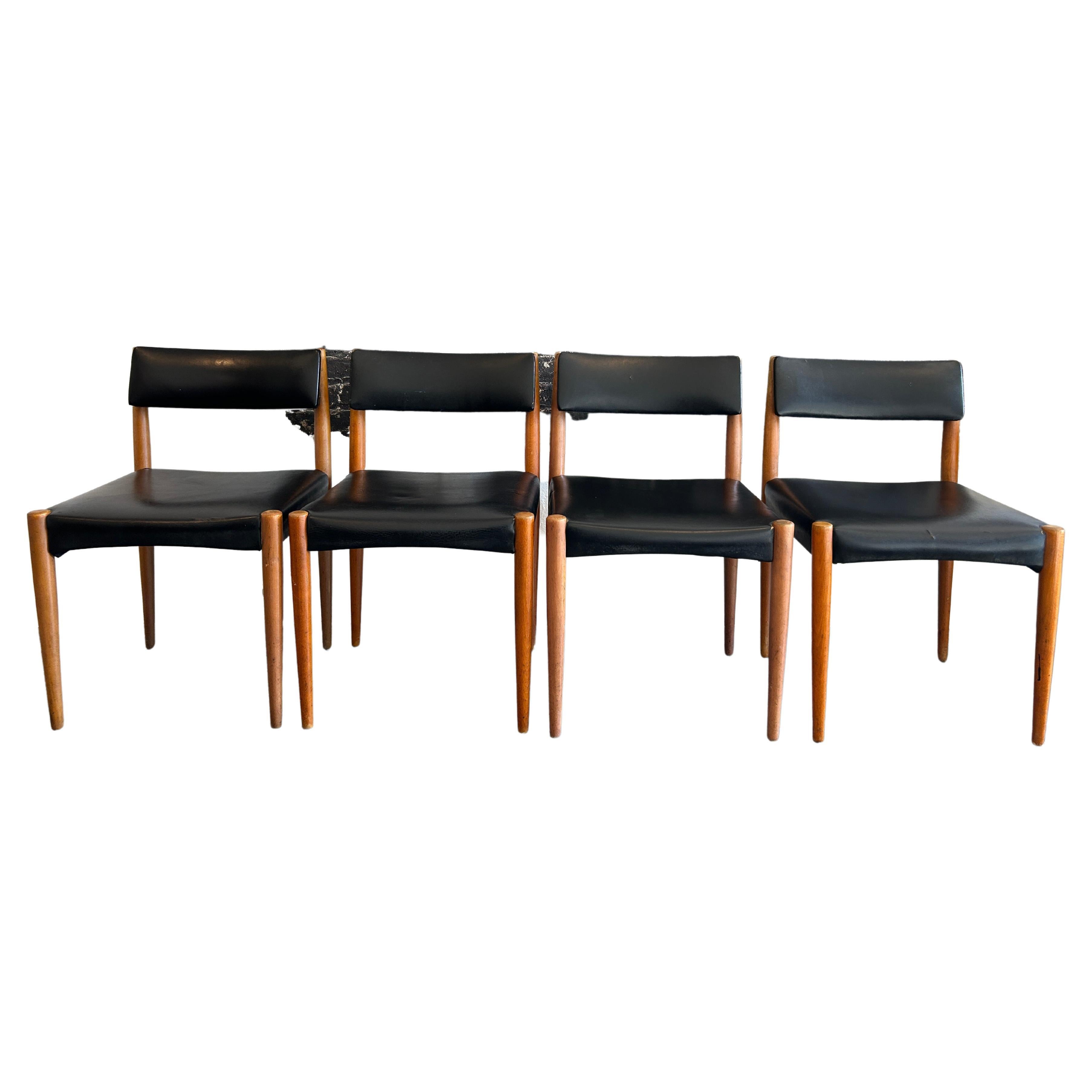 4 Mid Century Danish Modern Dining Chairs Black Vinyl Birch Wood
