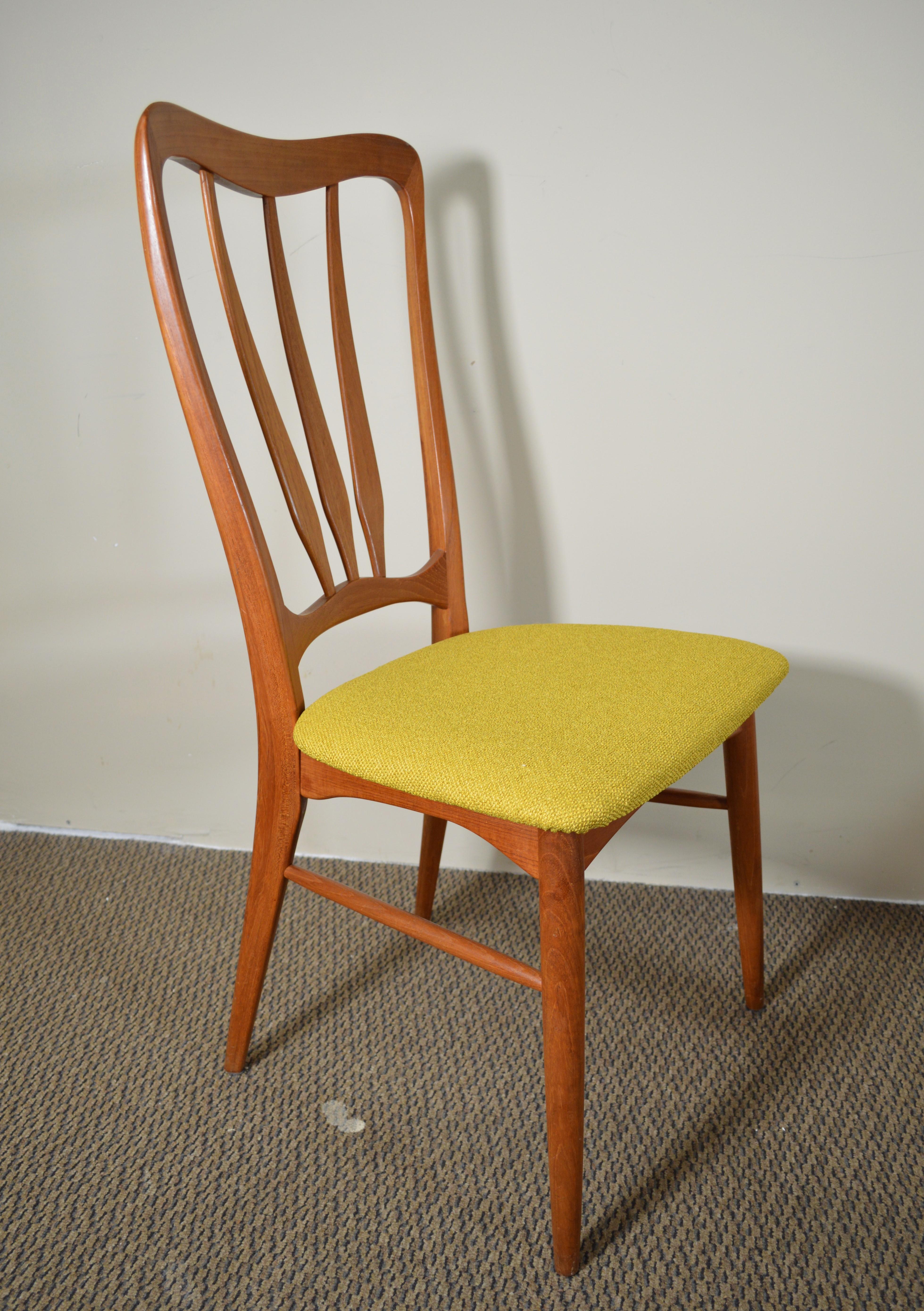 Set of 4 Danish teak dining chairs. Called Ingrid chairs designed in the 1960s by Niels Koefoeds. Made in Denmark. The best description for the chair fabric is mustard yellow. Last photo shows the color best.

Very good condition. The chairs have