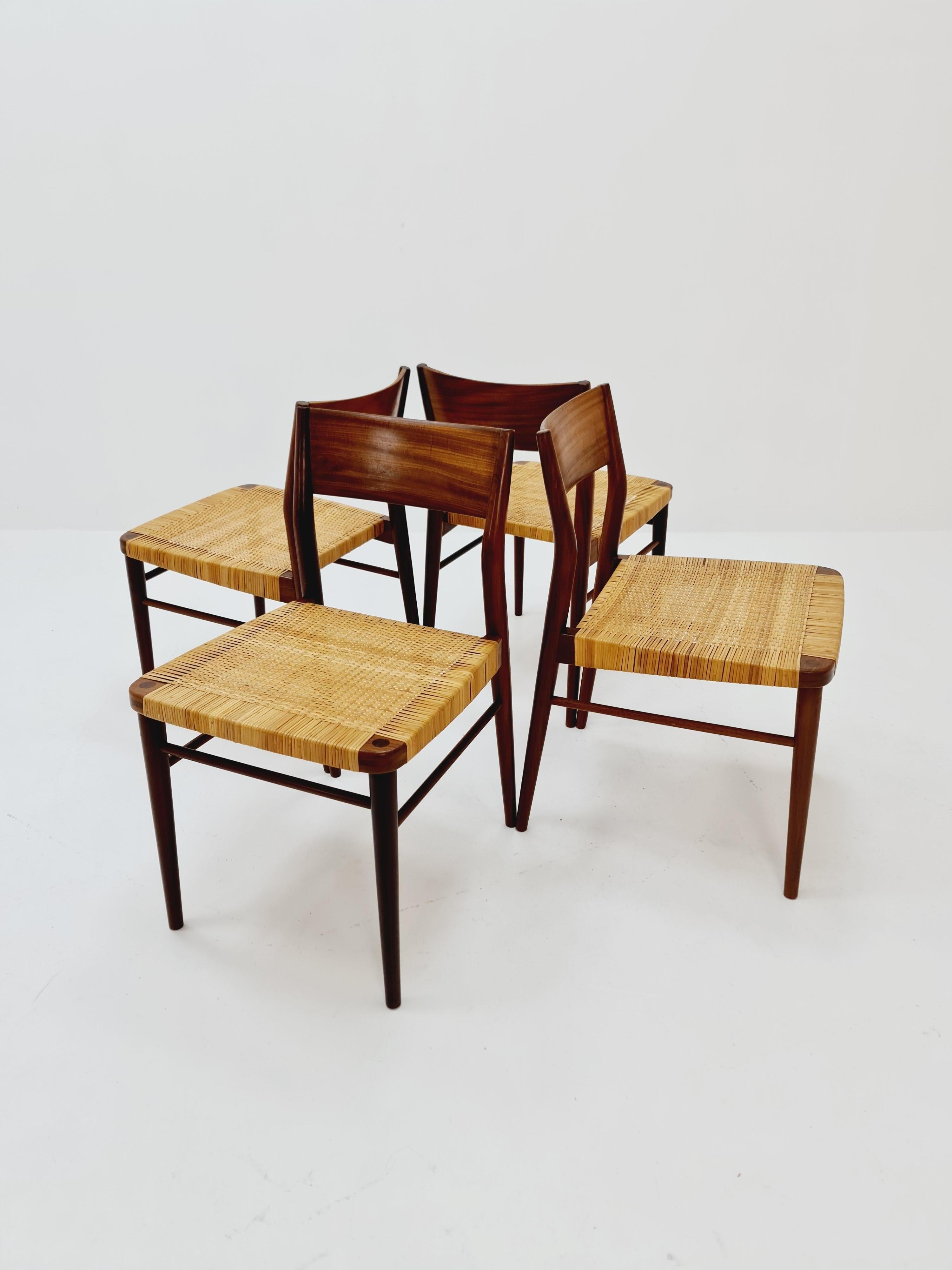 4 Mid Century German teak and rattan chairs by Georg Leowald for Wilkhahn For Sale 5
