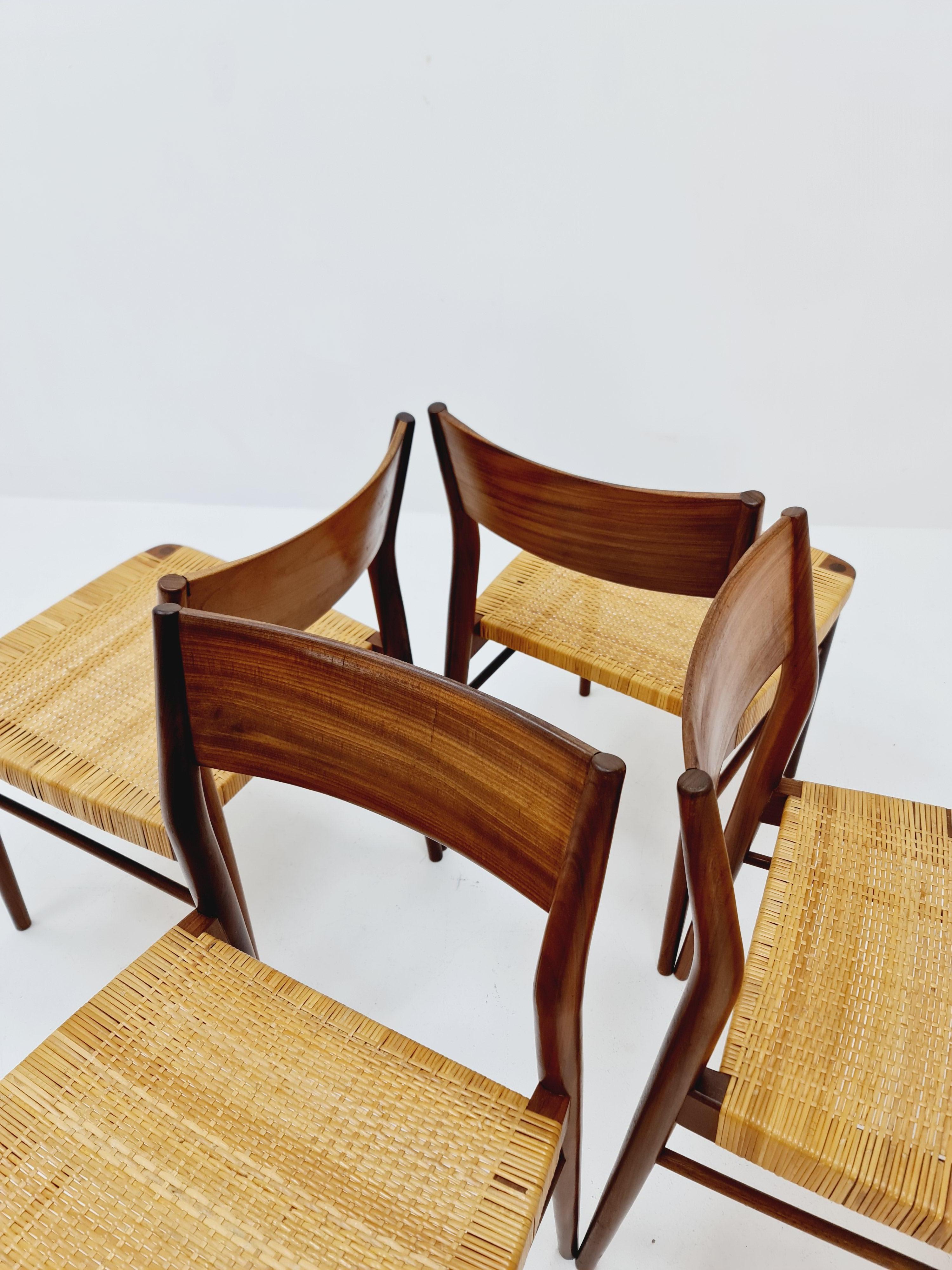 4 Mid Century German teak and rattan chairs by Georg Leowald for Wilkhahn For Sale 6