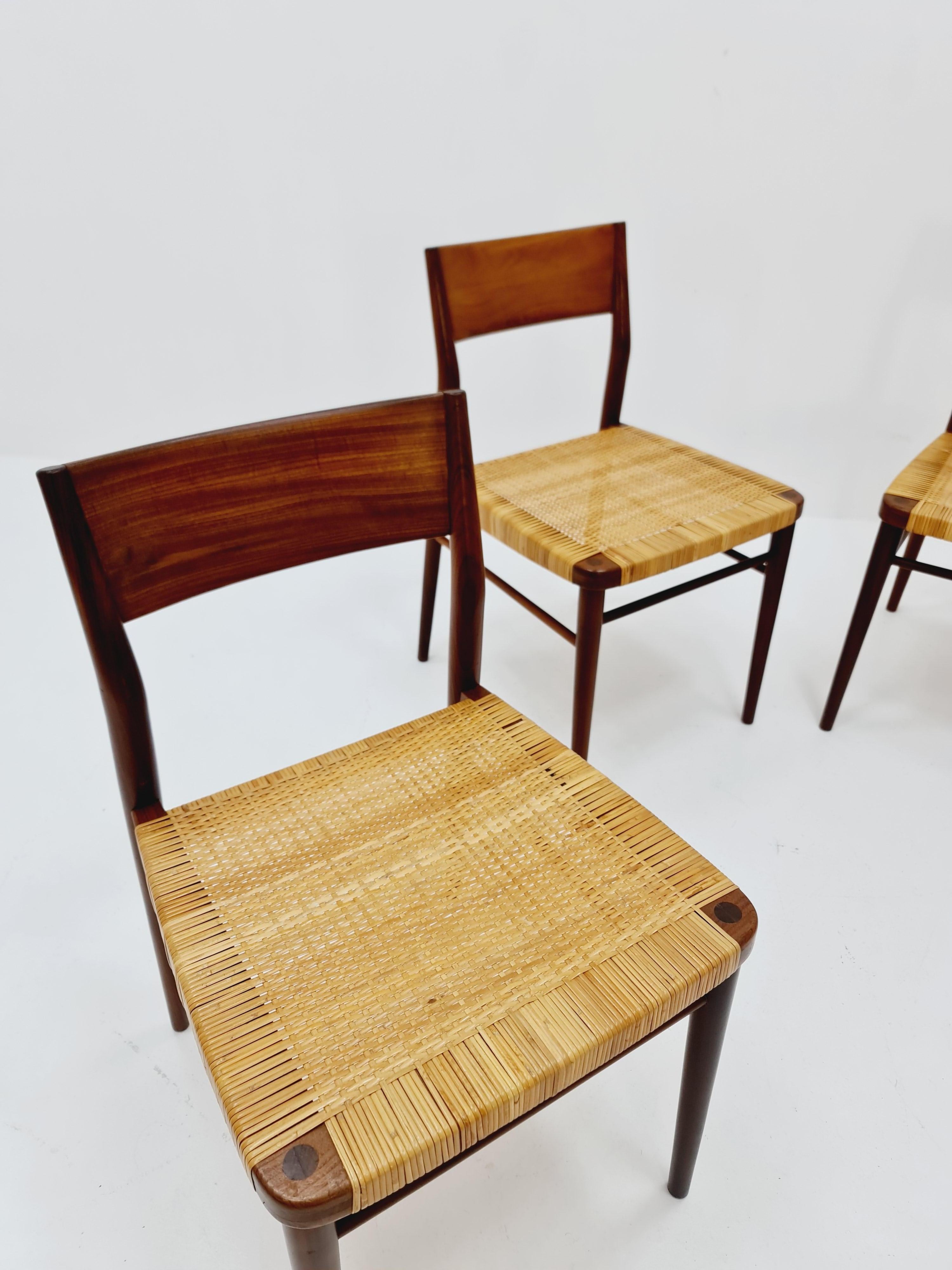 4 Mid Century German teak and rattan chairs by Georg Leowald for Wilkhahn For Sale 7