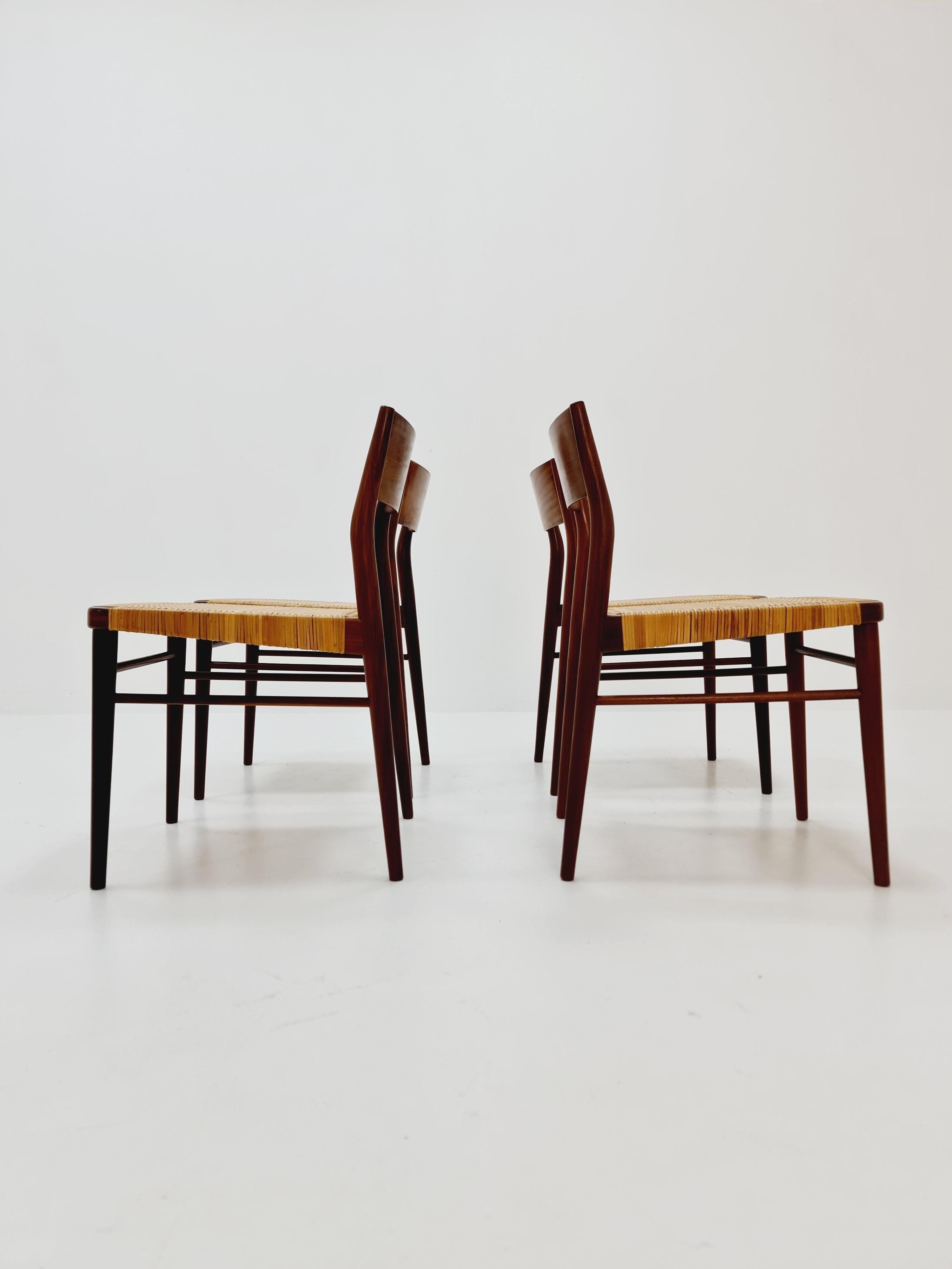 4 Mid Century German teak and rattan chairs by Georg Leowald for Wilkhahn For Sale 8