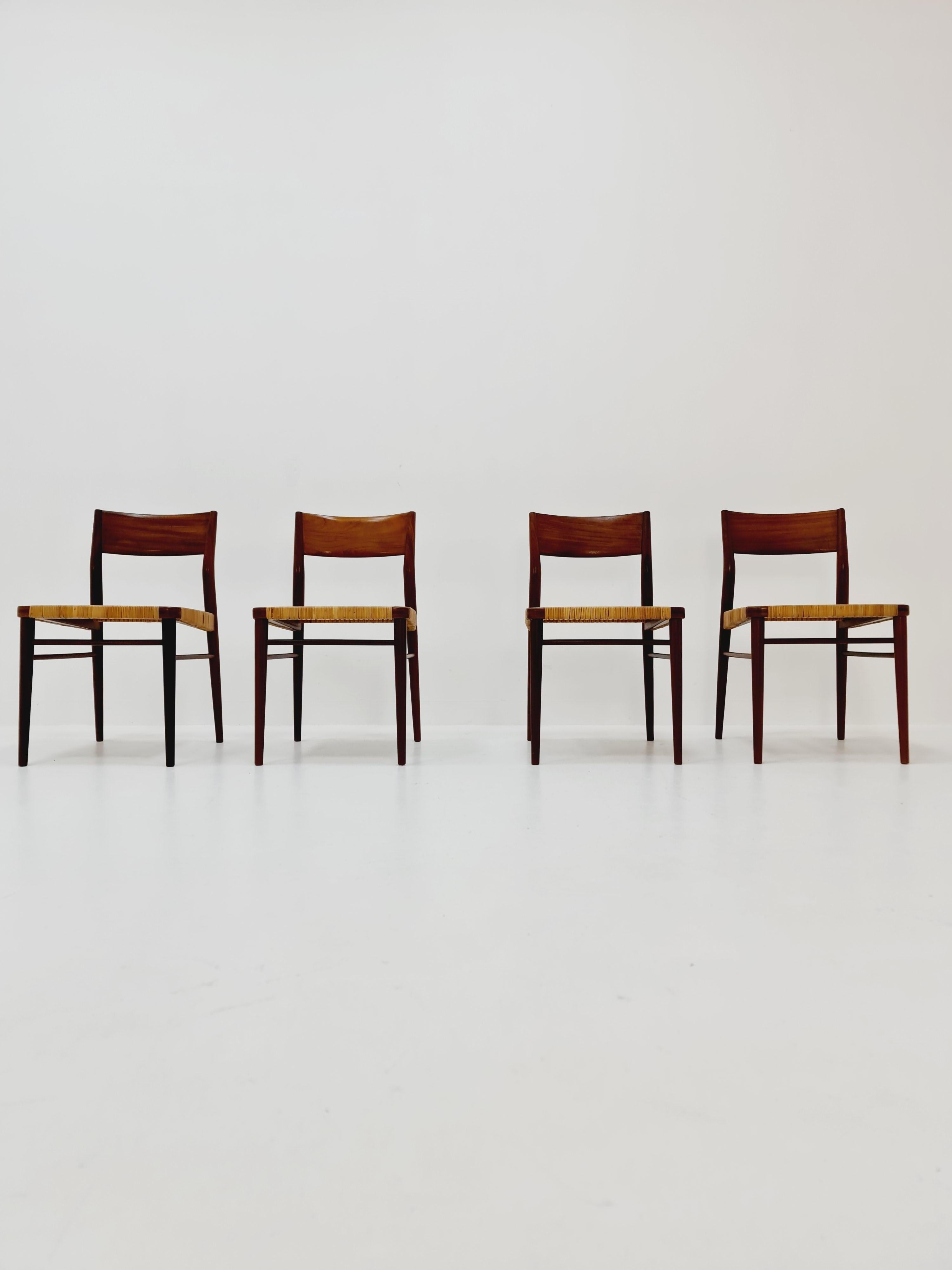 4 Mid Century German teak and rattan chairs by Georg Leowald for Wilkhahn For Sale 9