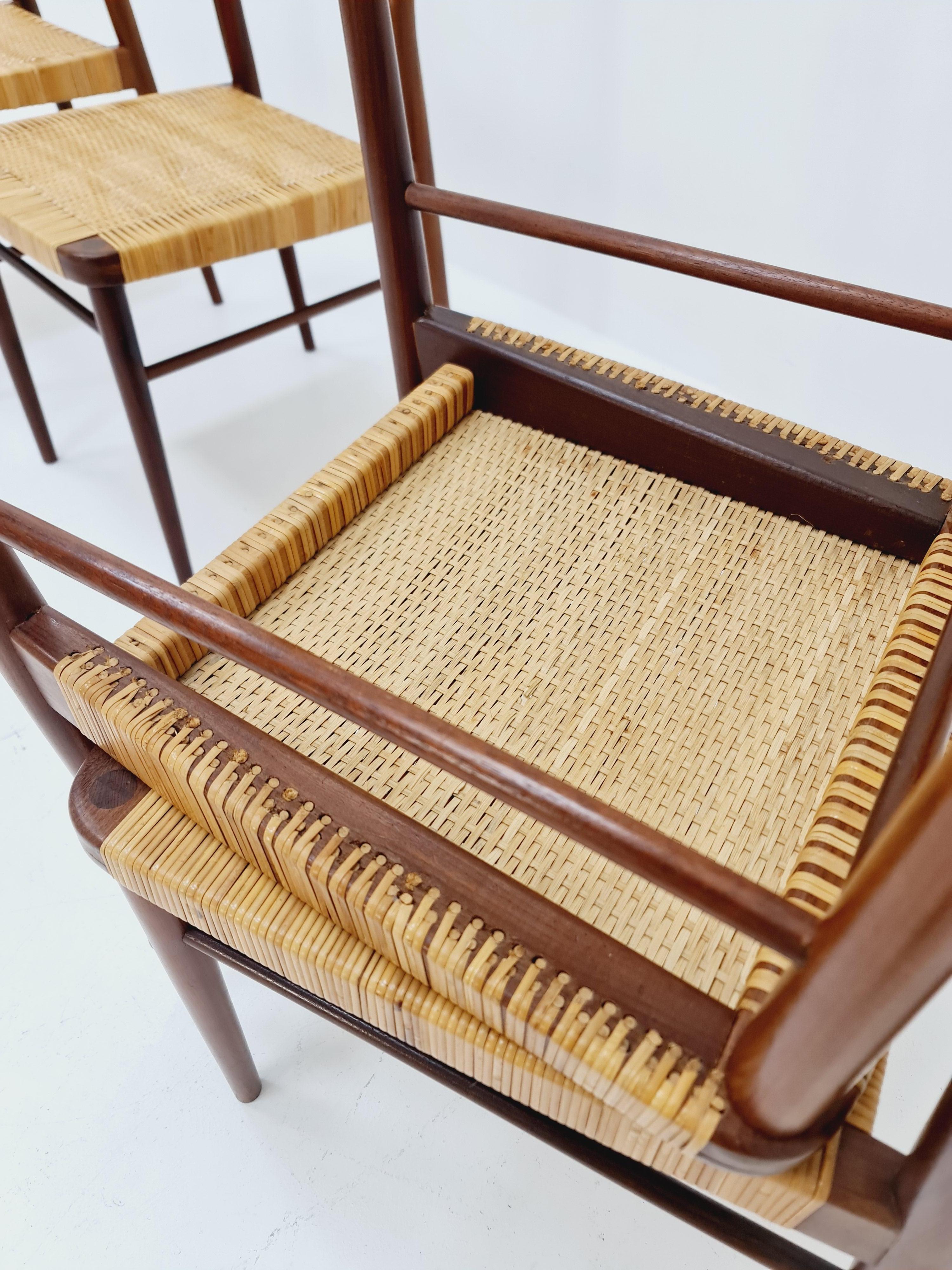 4 Mid Century German teak and rattan chairs by Georg Leowald for Wilkhahn For Sale 10