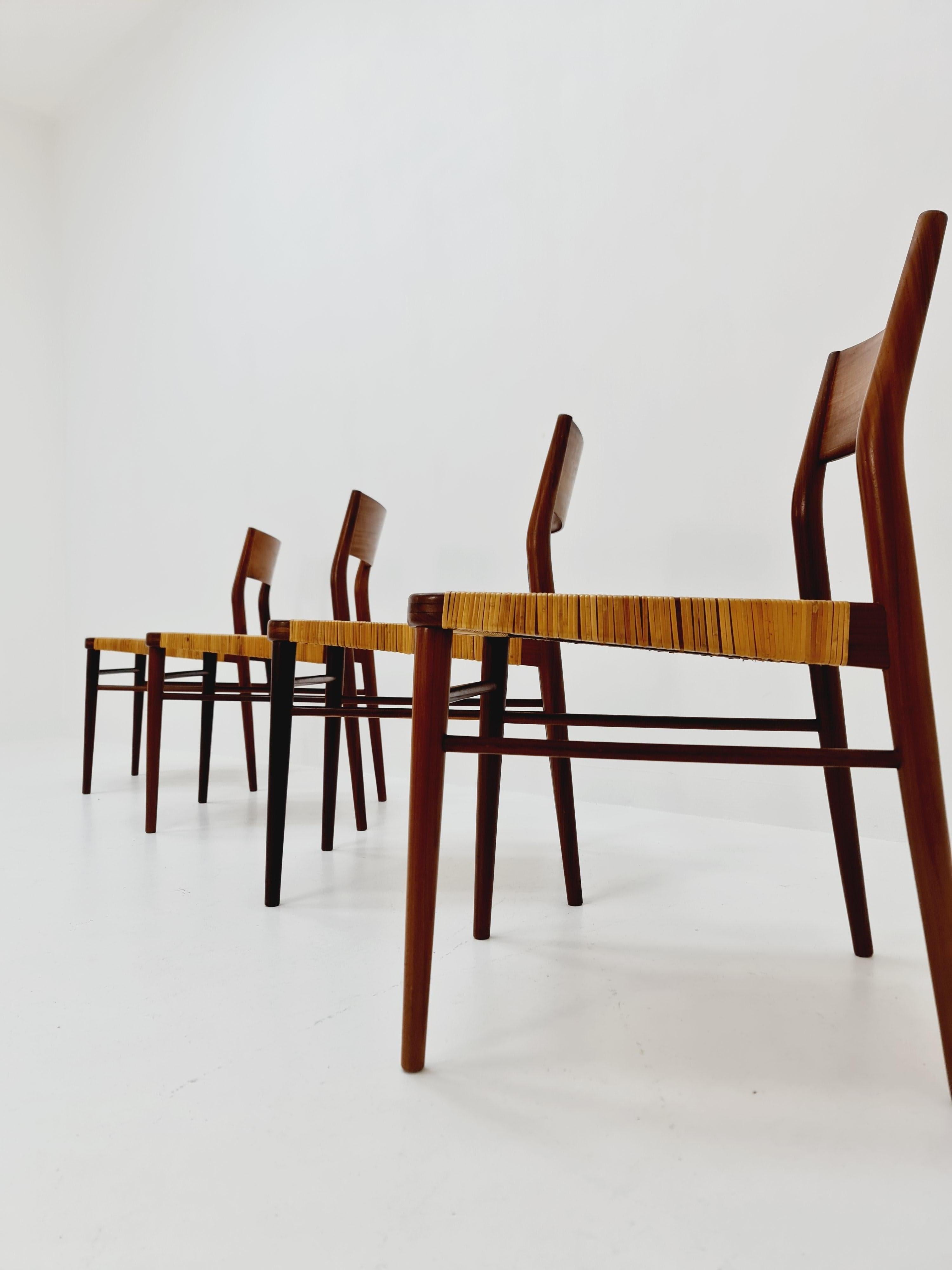 4 Mid Century German teak and rattan chairs by Georg Leowald for Wilkhahn For Sale 1