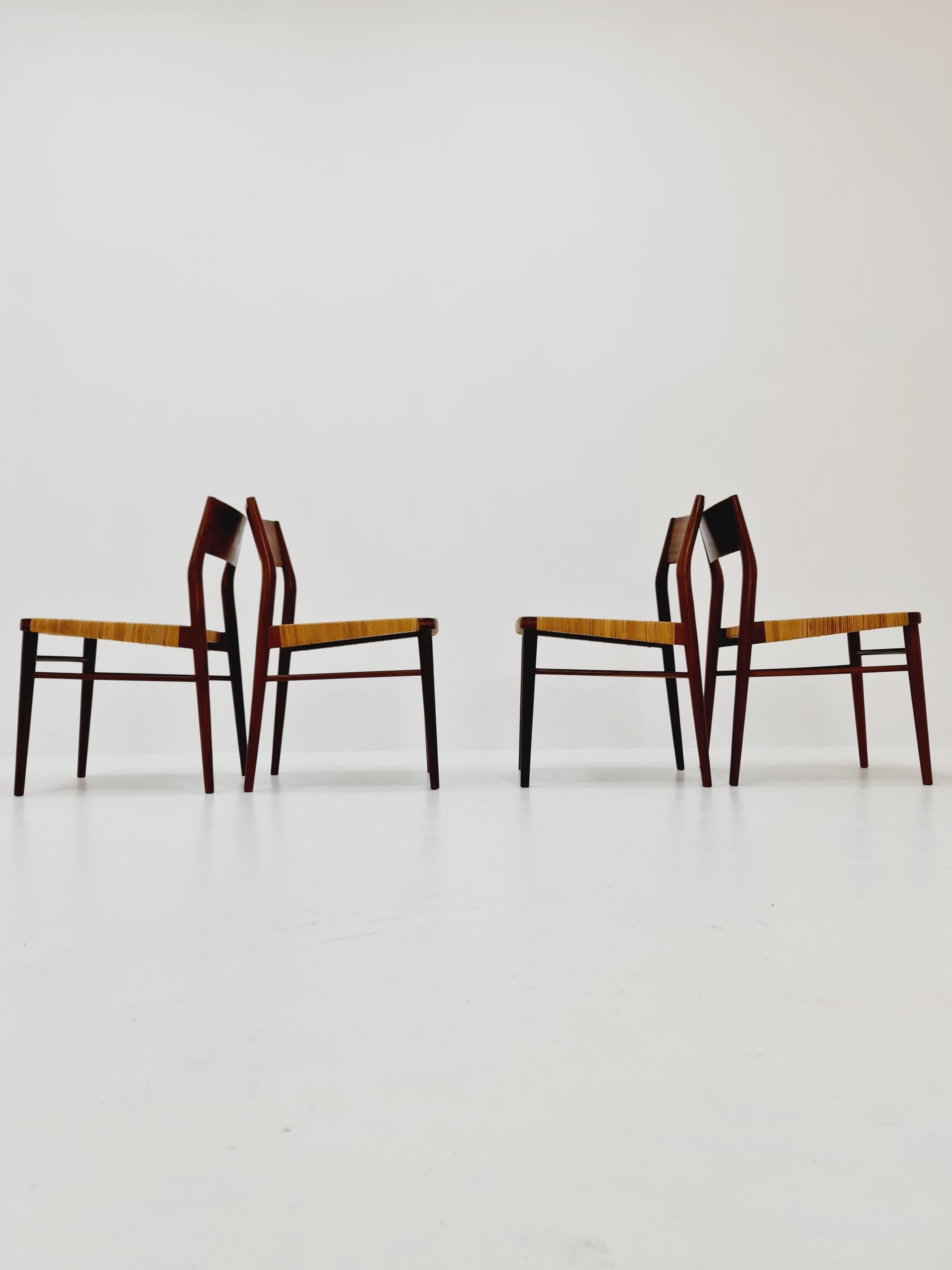 4 Mid Century German teak and rattan chairs by Georg Leowald for Wilkhahn For Sale 2