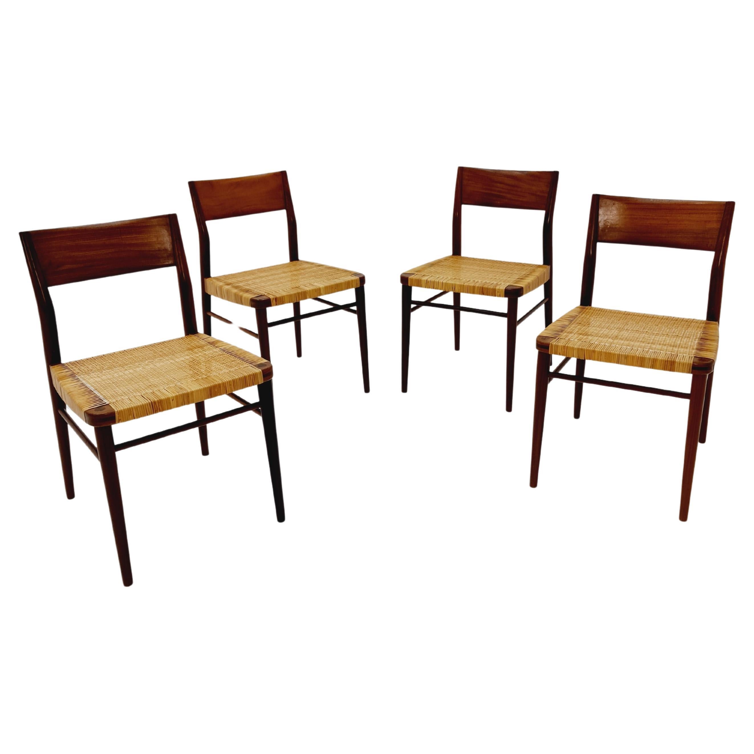4 Mid Century German teak and rattan chairs by Georg Leowald for Wilkhahn For Sale