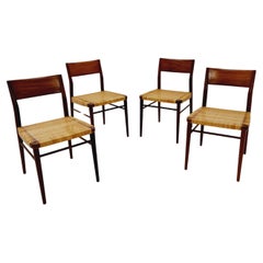 Retro 4 Mid Century German teak and rattan chairs by Georg Leowald for Wilkhahn