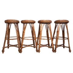Vintage 4 Mid Century Italian Wicker And Rattan Bar Stools C.1960