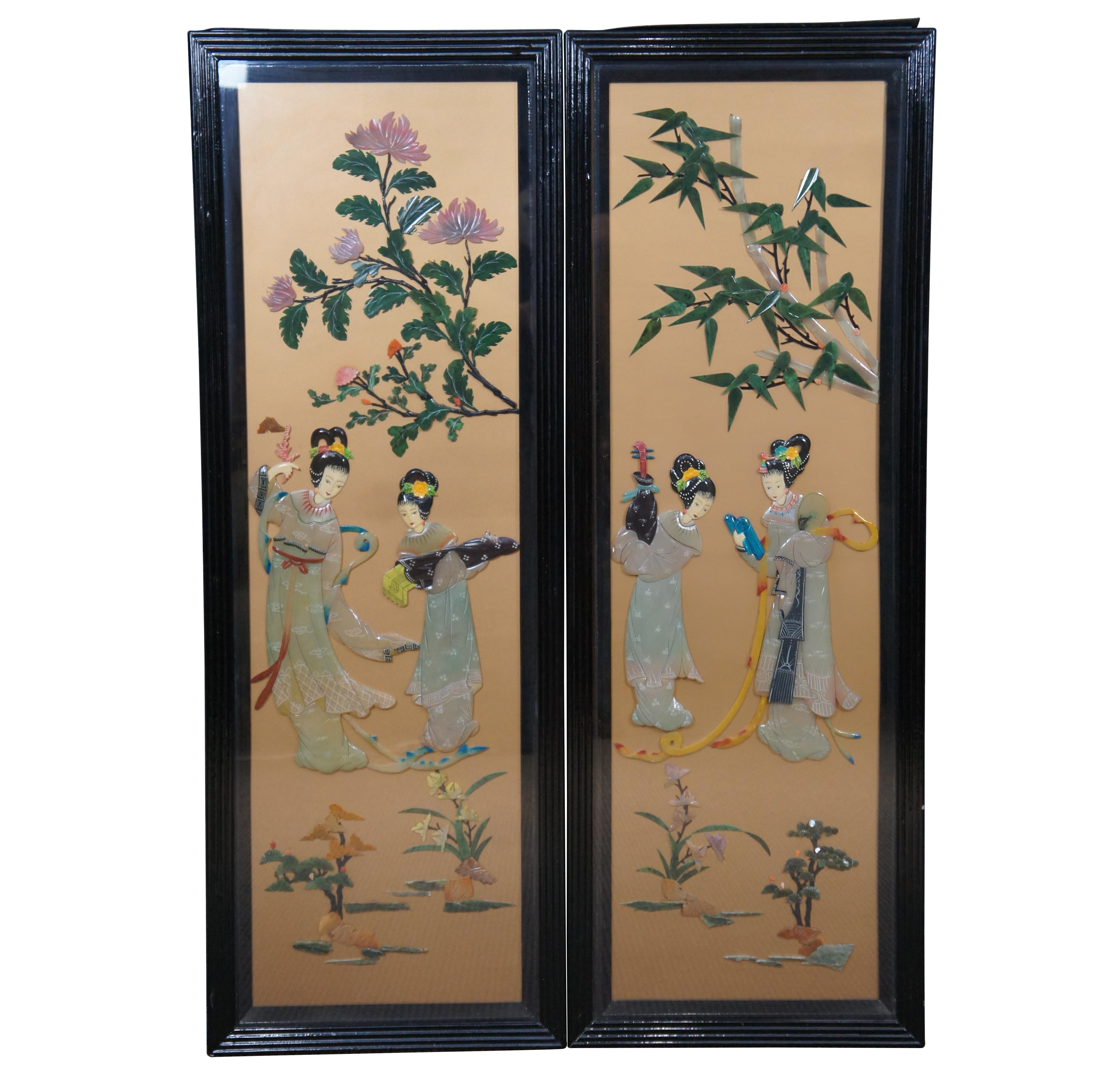 Set of four Mid-20th Century Japanese chinoiserie panels in black lacquered wood with gilded backgrounds, featuring pairs of female Geisha figures in traditional attire holding scrolls, tea sets, instruments, fans, under a variety of trees,