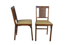 4 sillas plegables de mimbre de nogal, ratán y vinilo Legomatic de mediados de siglo