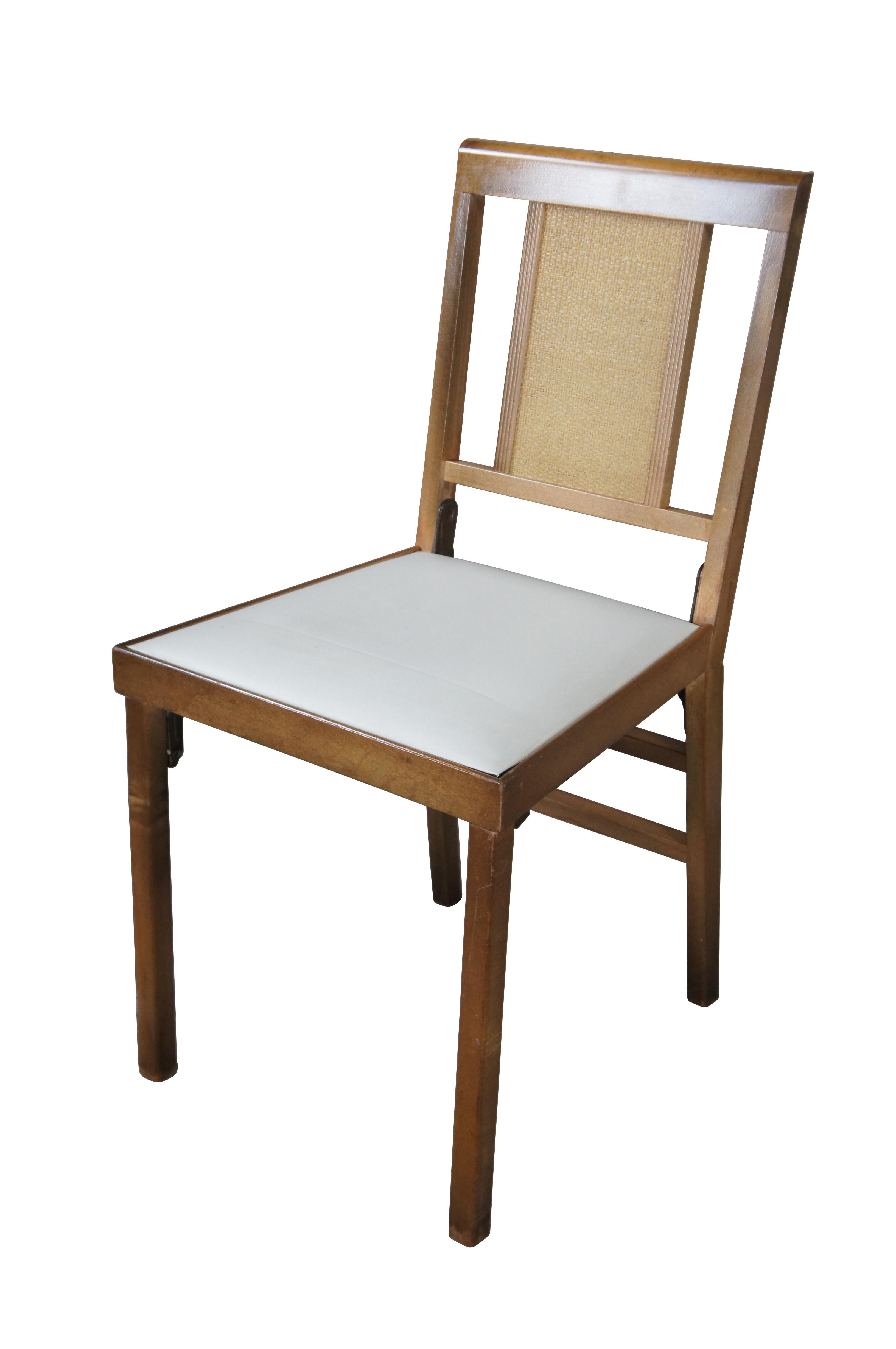 Mid-Century Modern 4 Mid Century Legomatic Walnut Wicker Rattan Vinyl Folding Side Chairs