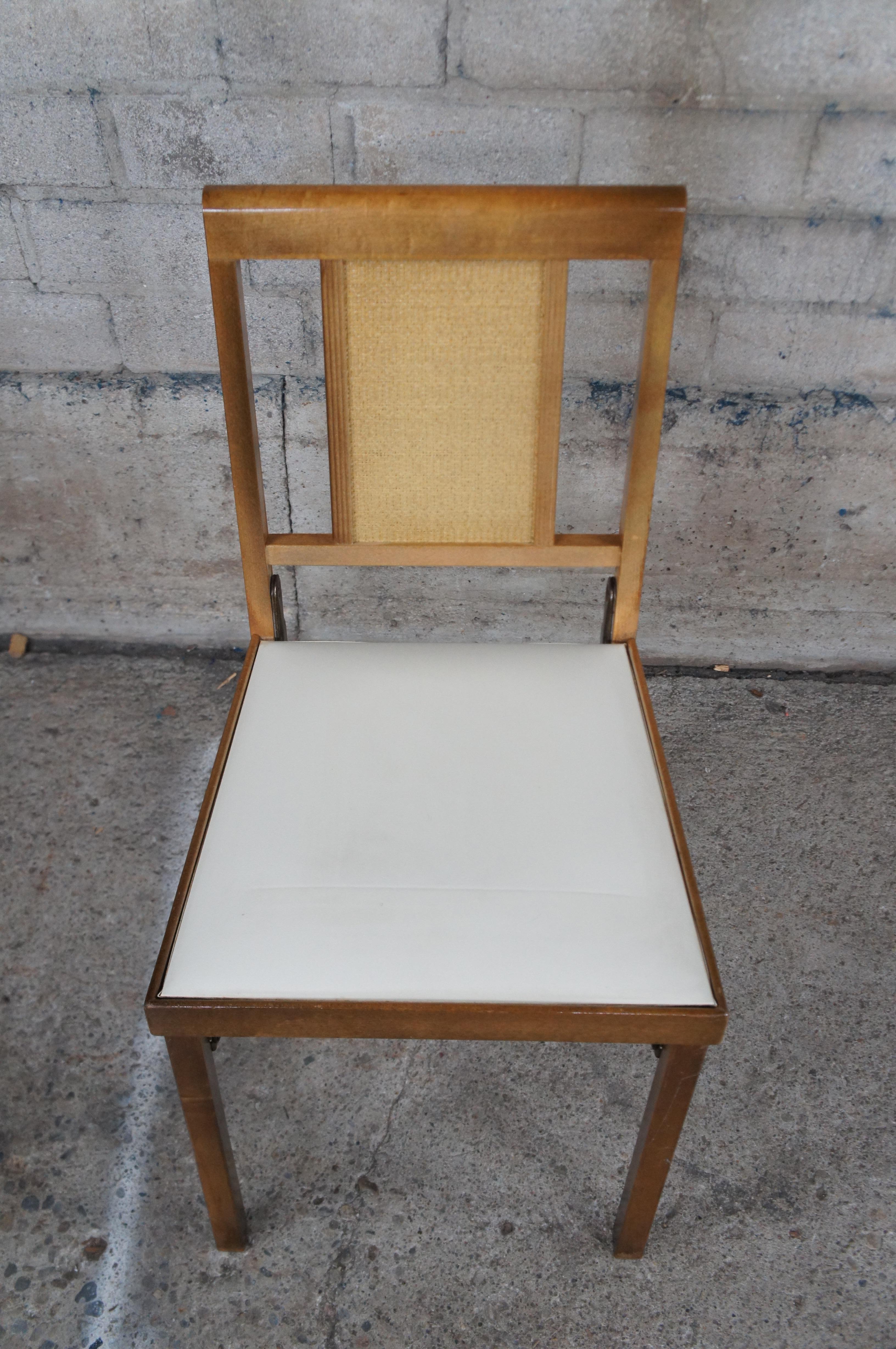 4 Mid Century Legomatic Walnut Wicker Rattan Vinyl Folding Side Chairs In Good Condition In Dayton, OH