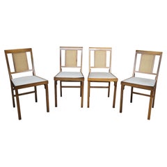 4 Mid Century Legomatic Walnut Wicker Rattan Vinyl Folding Side Chairs