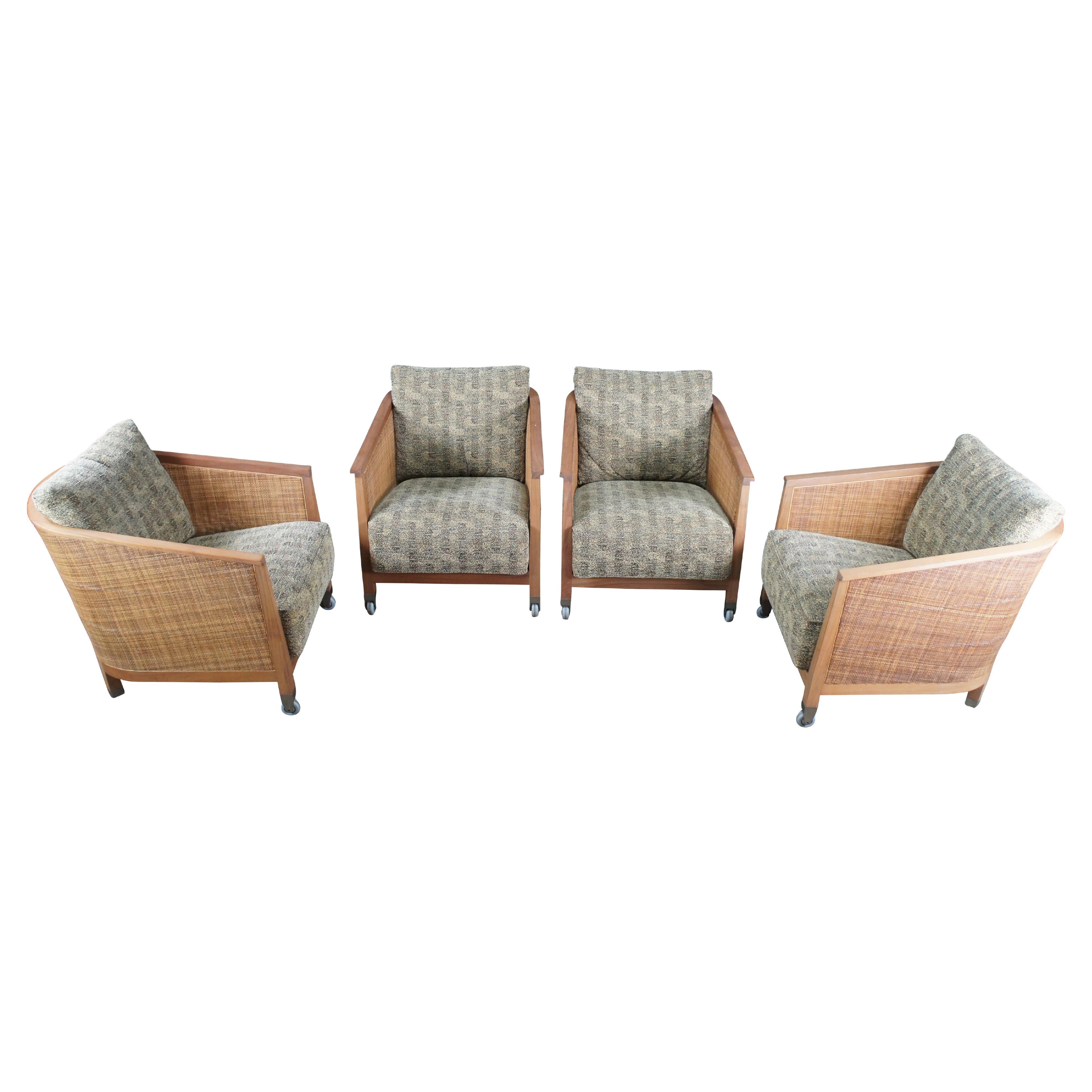4 Mid Century Modern Antonio Citterio Flexform Mozart Walnut Rattan Arm Chairs For Sale