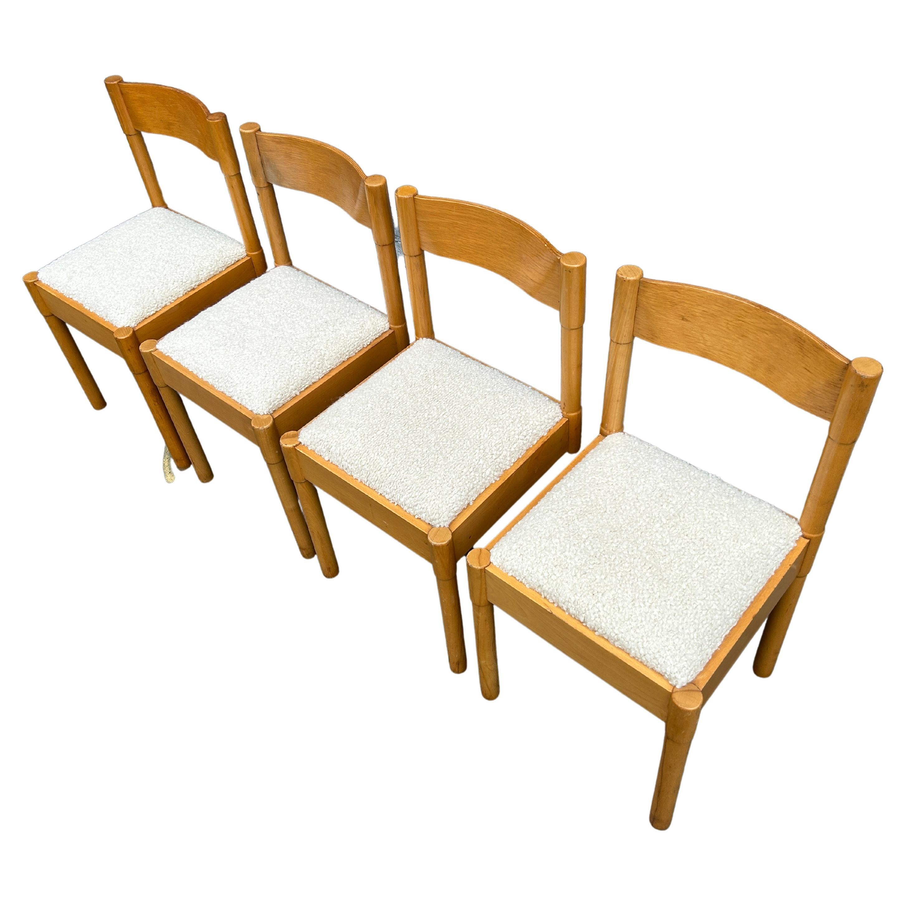 Polish 4 Mid-Century Modern Blonde Birch Dining Chairs with Bouclé Style of Cassina For Sale