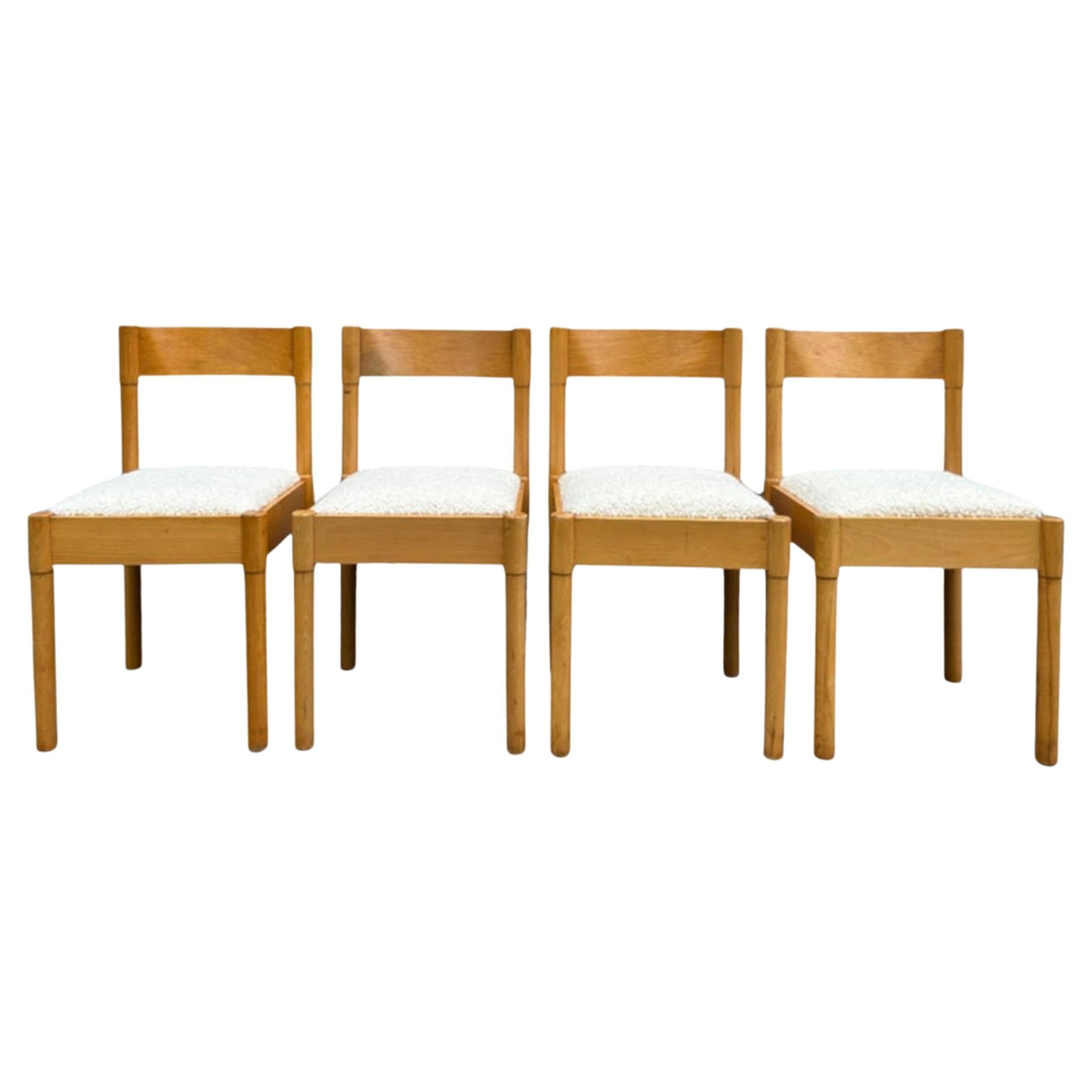 4 Mid-Century Modern Blonde Birch Dining Chairs with Bouclé Style of Cassina
