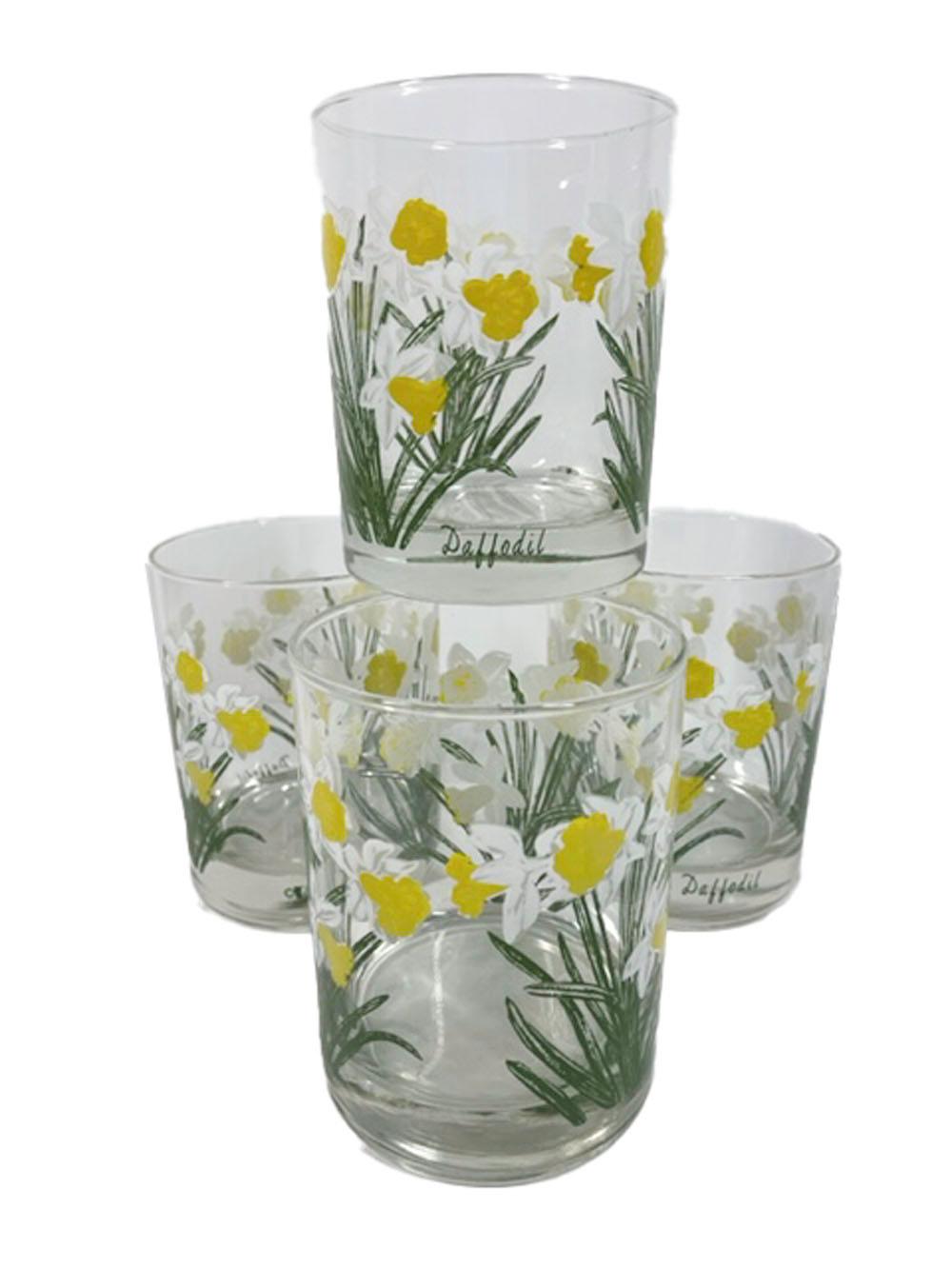 Set of 4 Mid-Century Modern rocks glasses by Cera Glassware with daffodils in green, yellow and white enamels.