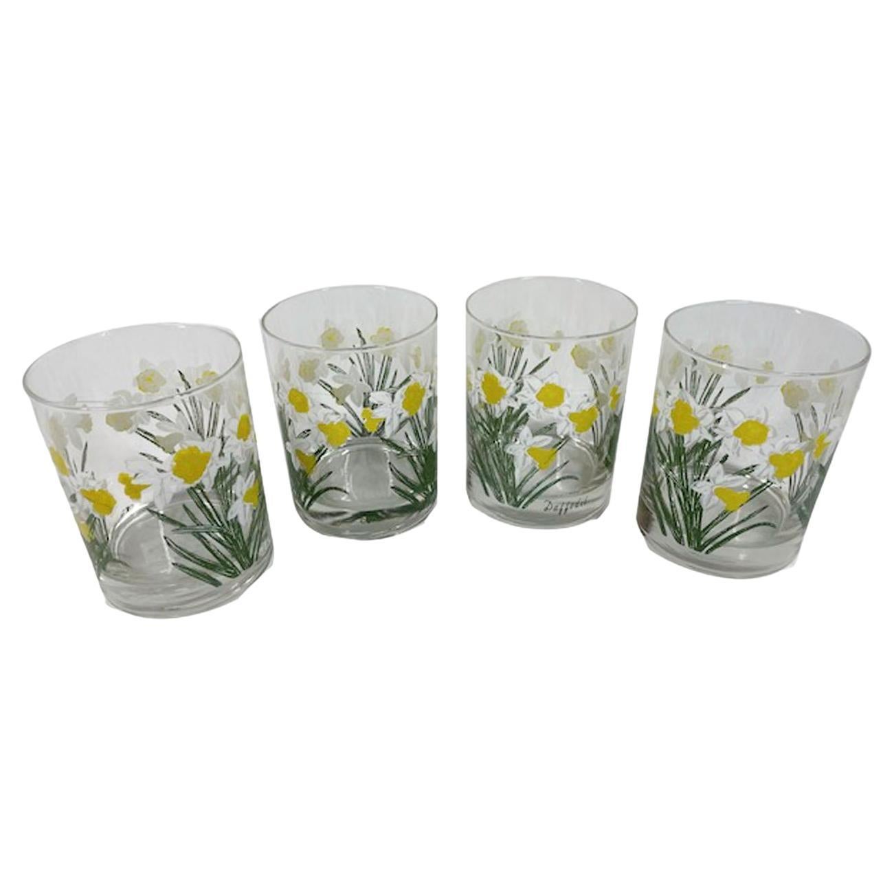 4 Mid-Century Modern, Cera Glass Daffodil Rocks Glasses For Sale
