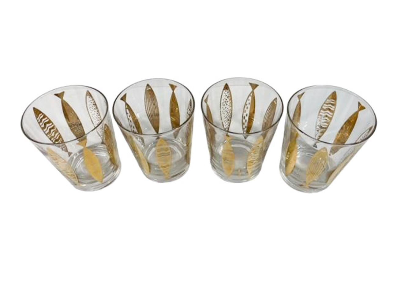 American 4 Mid-Century Modern Double Old Fashioned Glasses, Fred Press, Goldfish Pattern