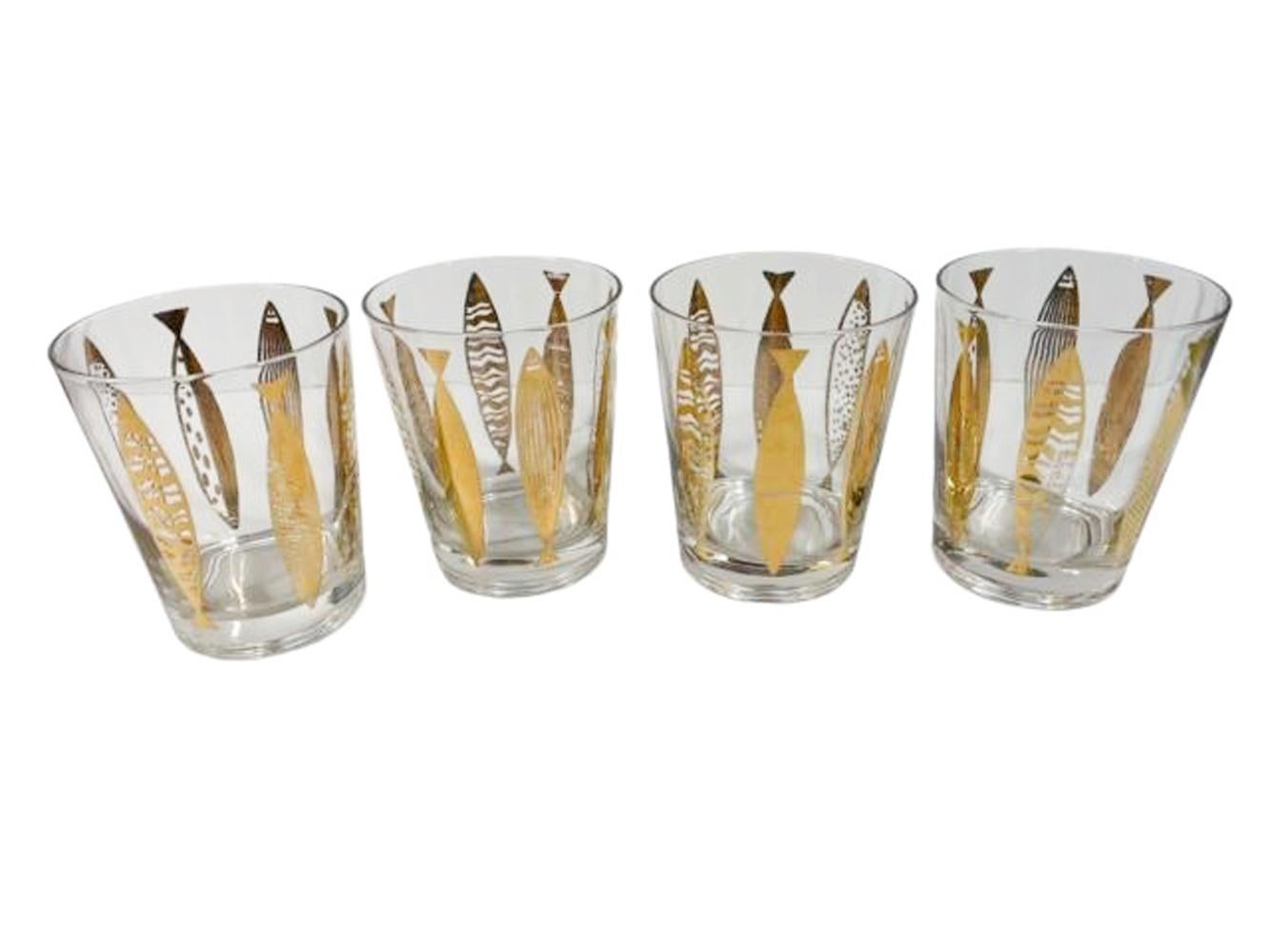 4 Mid-Century Modern Double Old Fashioned Glasses, Fred Press, Goldfish Pattern In Good Condition In Nantucket, MA