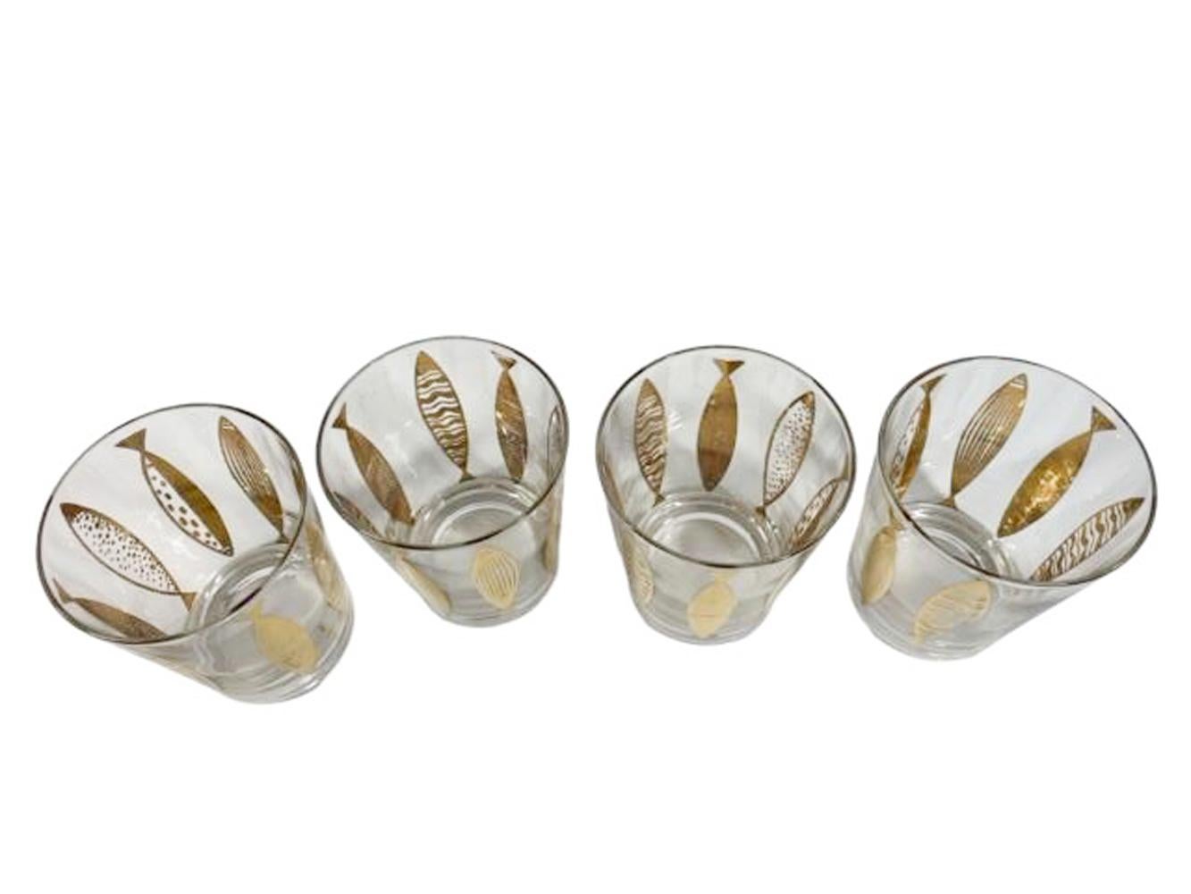 20th Century 4 Mid-Century Modern Double Old Fashioned Glasses, Fred Press, Goldfish Pattern