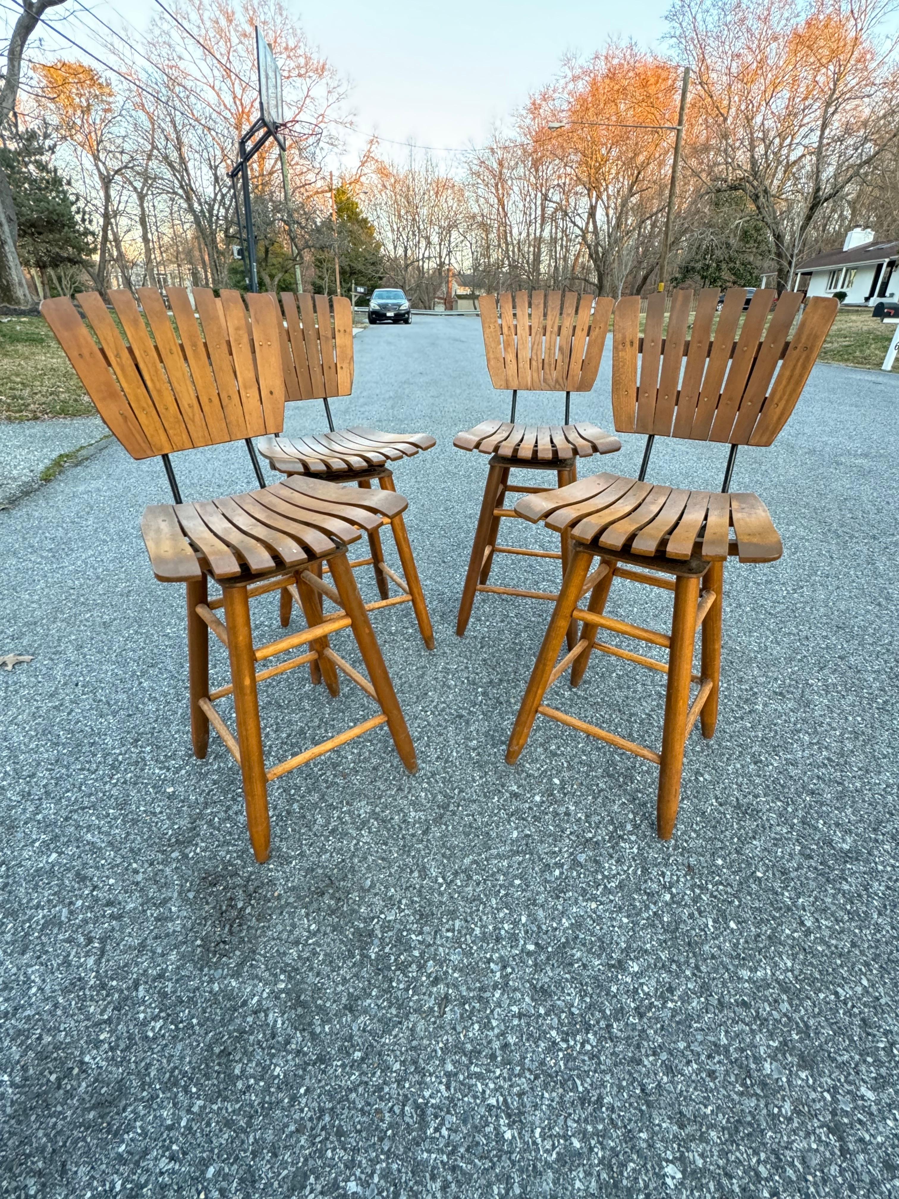 These bar stools are indeed a fine example of mid-century modern design, often attributed to Arthur Umanoff. Their maple construction and the ability to swivel add to their functionality and appeal.Their minimal wear indicates that they have