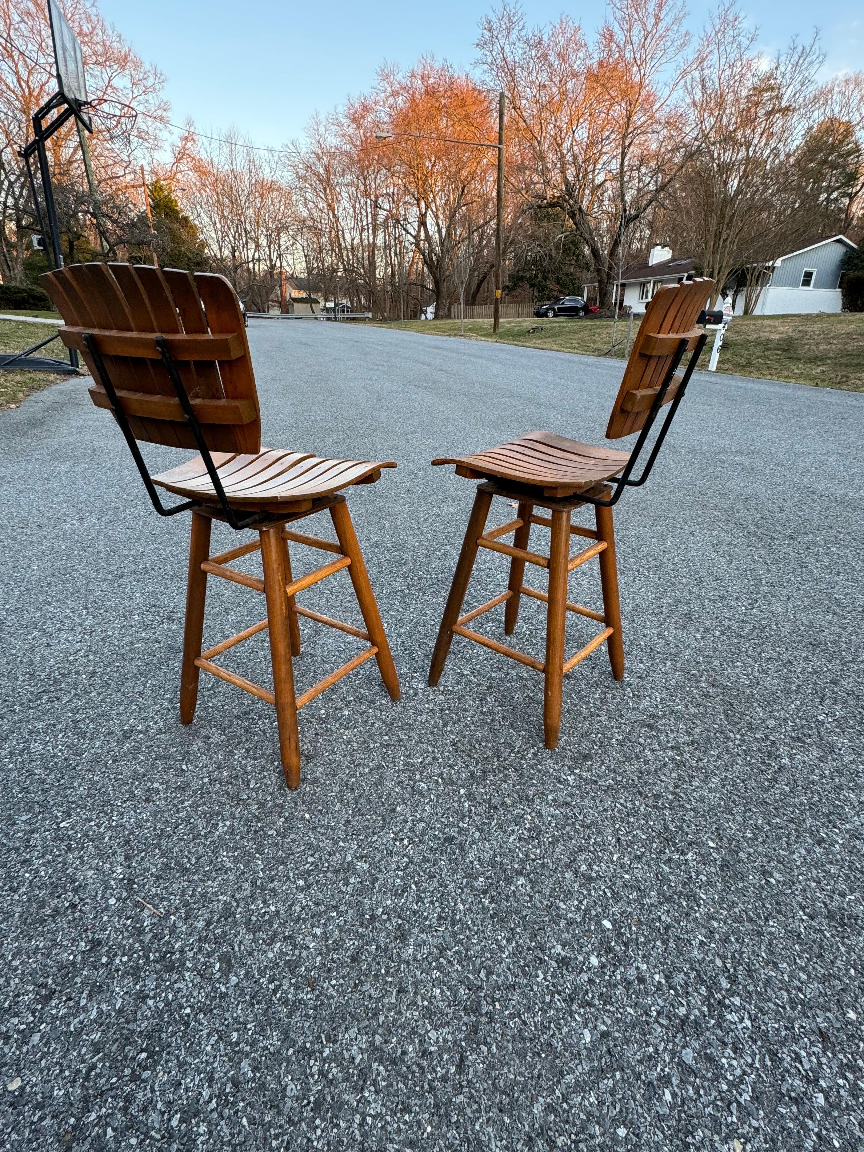 Molded 4 Mid-Century Modern Slatted Wood Bar or Counter Stools Arthur Umanoff For Sale