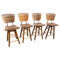 4 Mid-Century Modern Slatted Wood Bar or Counter Stools Arthur Umanoff