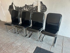 (4) Mid century post modern Black Glossy Faux Patent Leather chrome chairs DIA