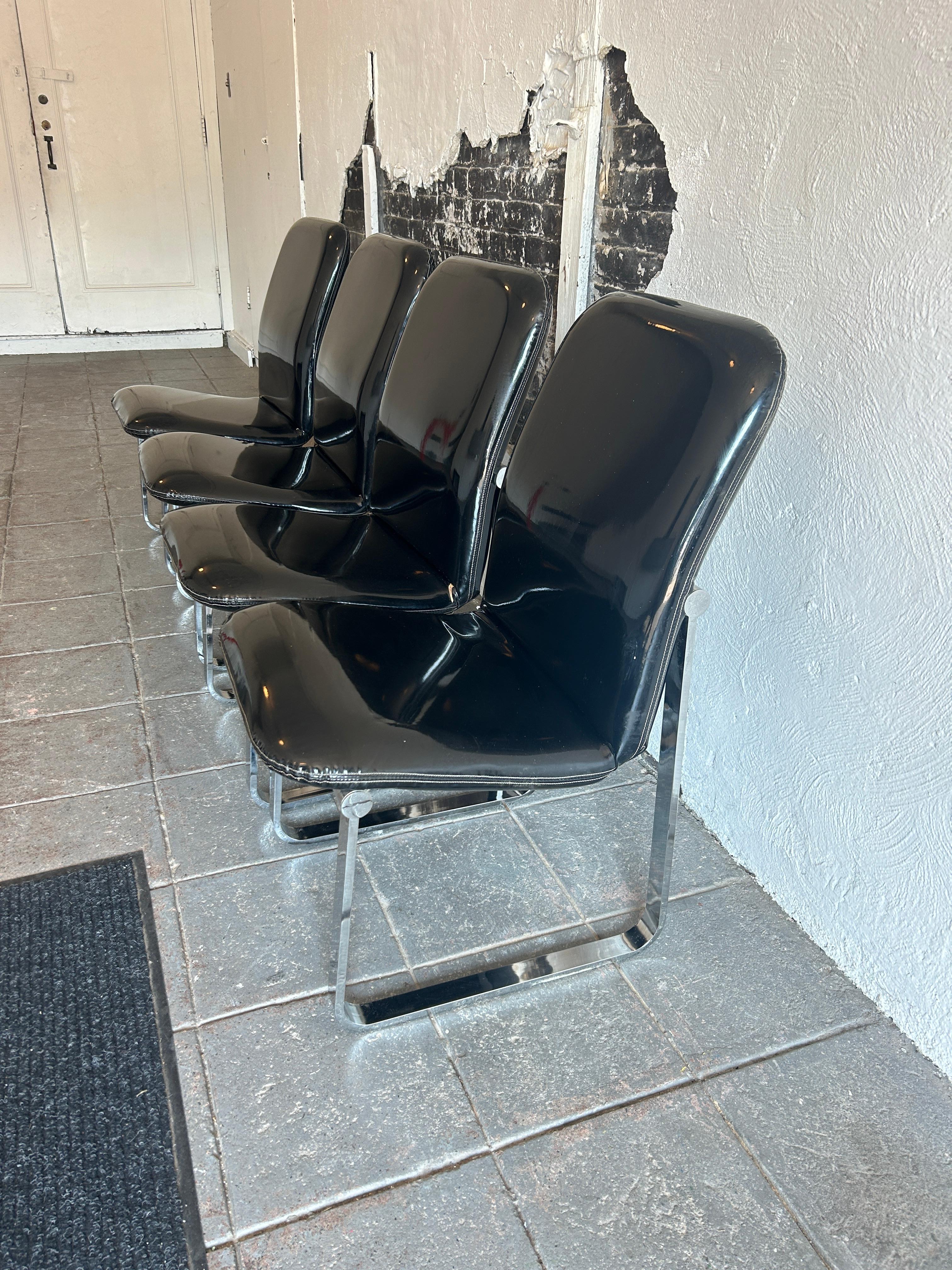 Post-Modern (4) Mid century post modern Black Glossy Faux Patent Leather chrome chairs  DIA For Sale