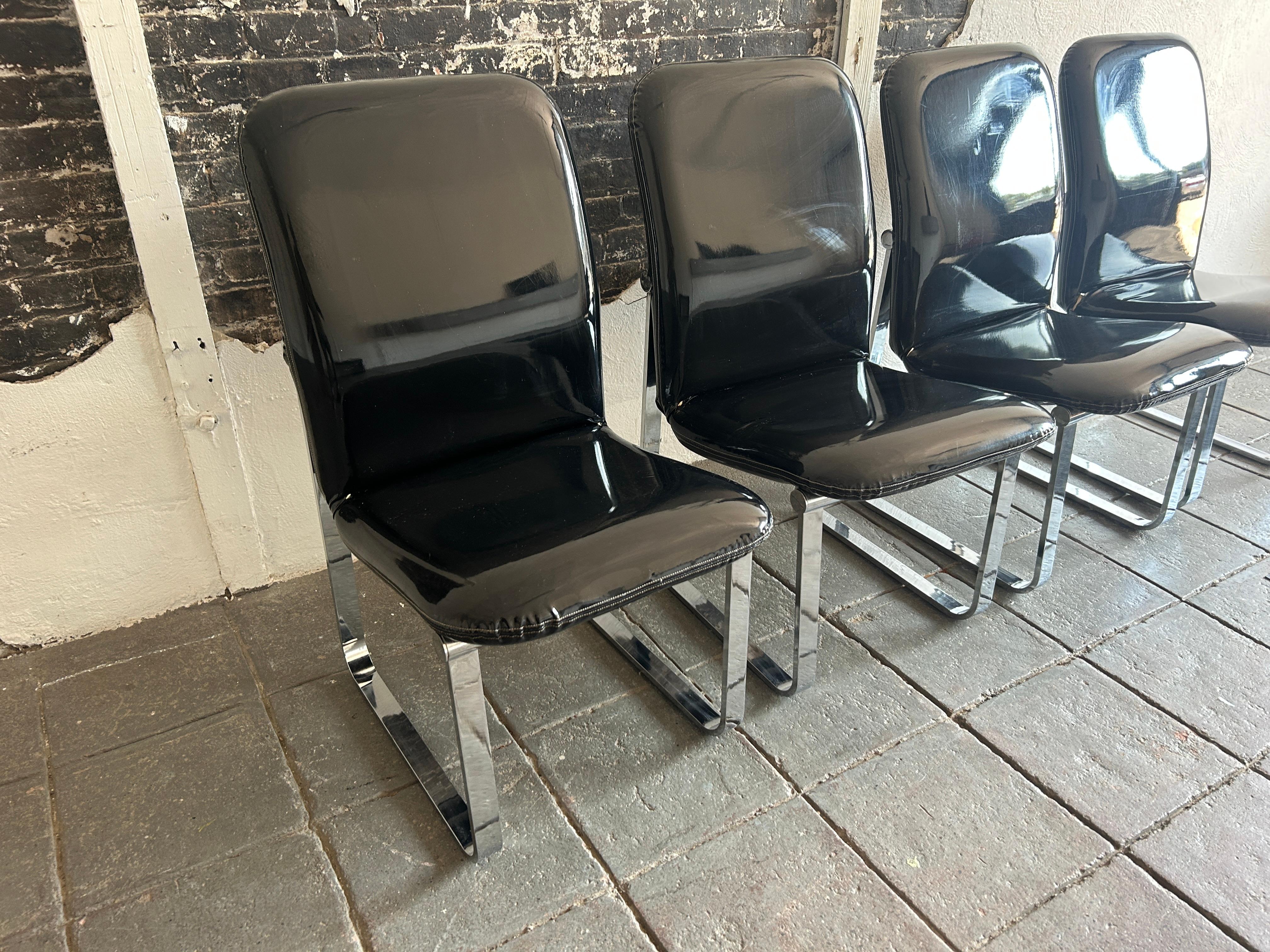 Metalwork (4) Mid century post modern Black Glossy Faux Patent Leather chrome chairs  DIA For Sale