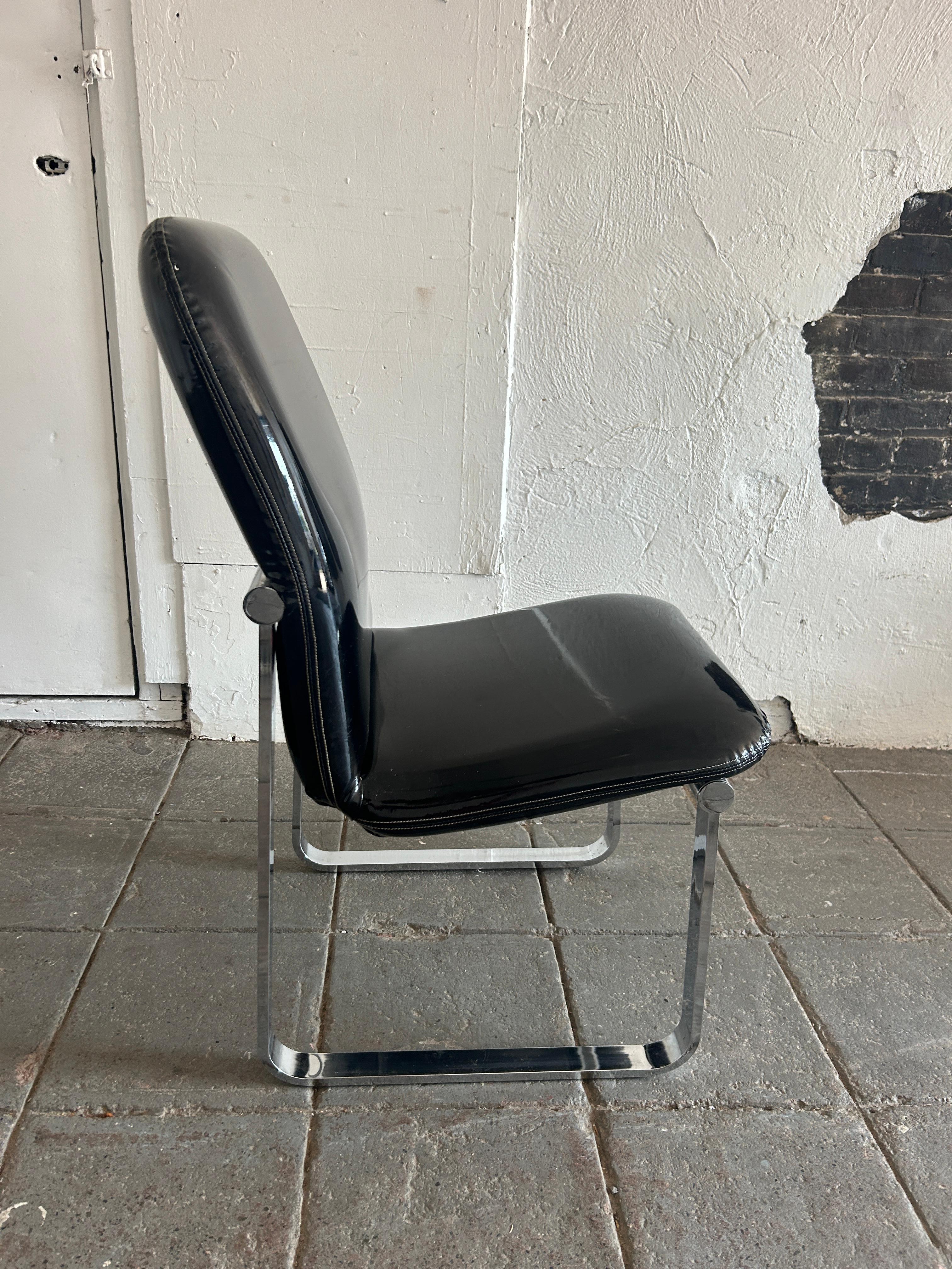 (4) Mid century post modern Black Glossy Faux Patent Leather chrome chairs  DIA In Good Condition For Sale In BROOKLYN, NY