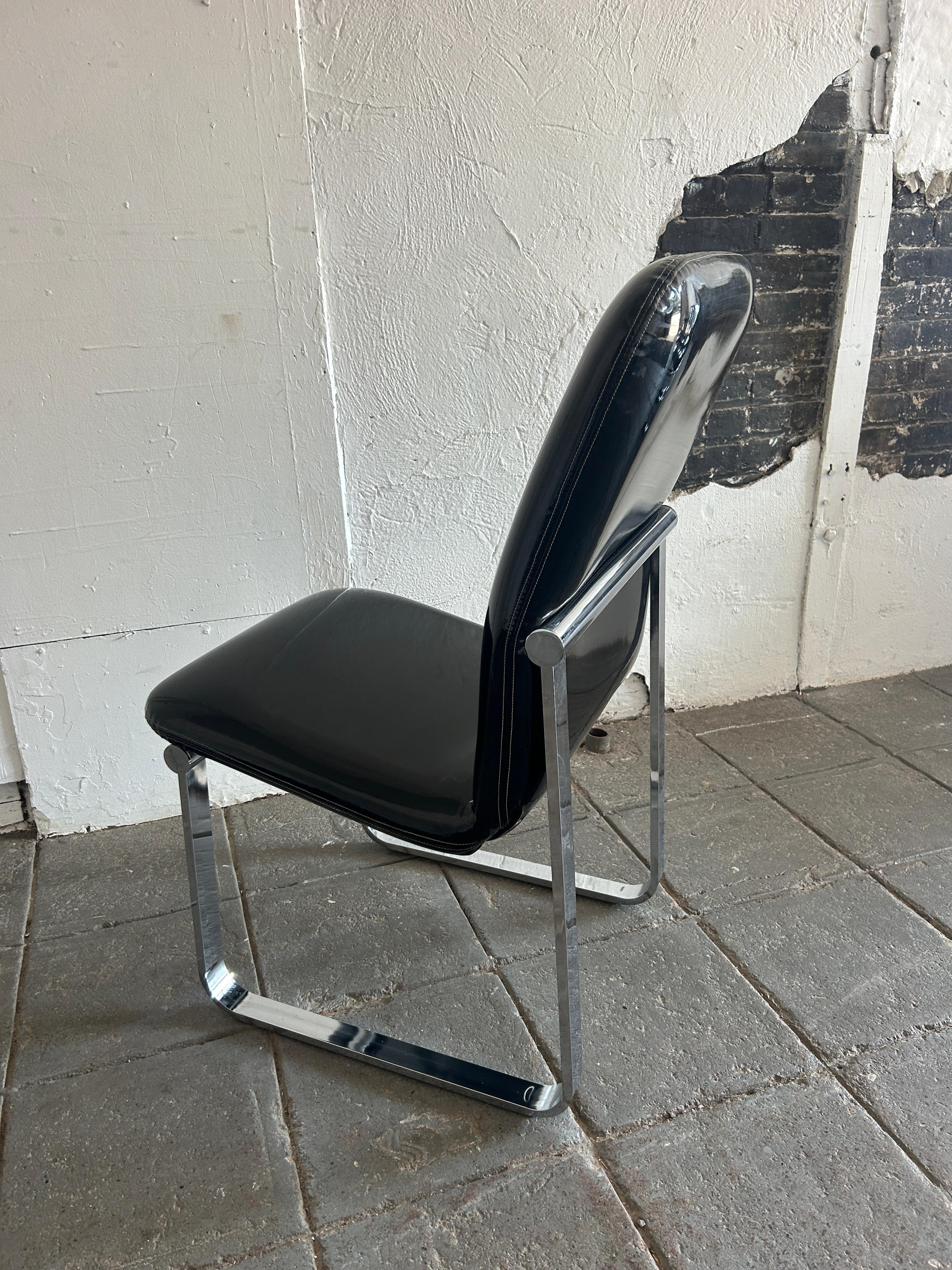 Chrome (4) Mid century post modern Black Glossy Faux Patent Leather chrome chairs  DIA For Sale
