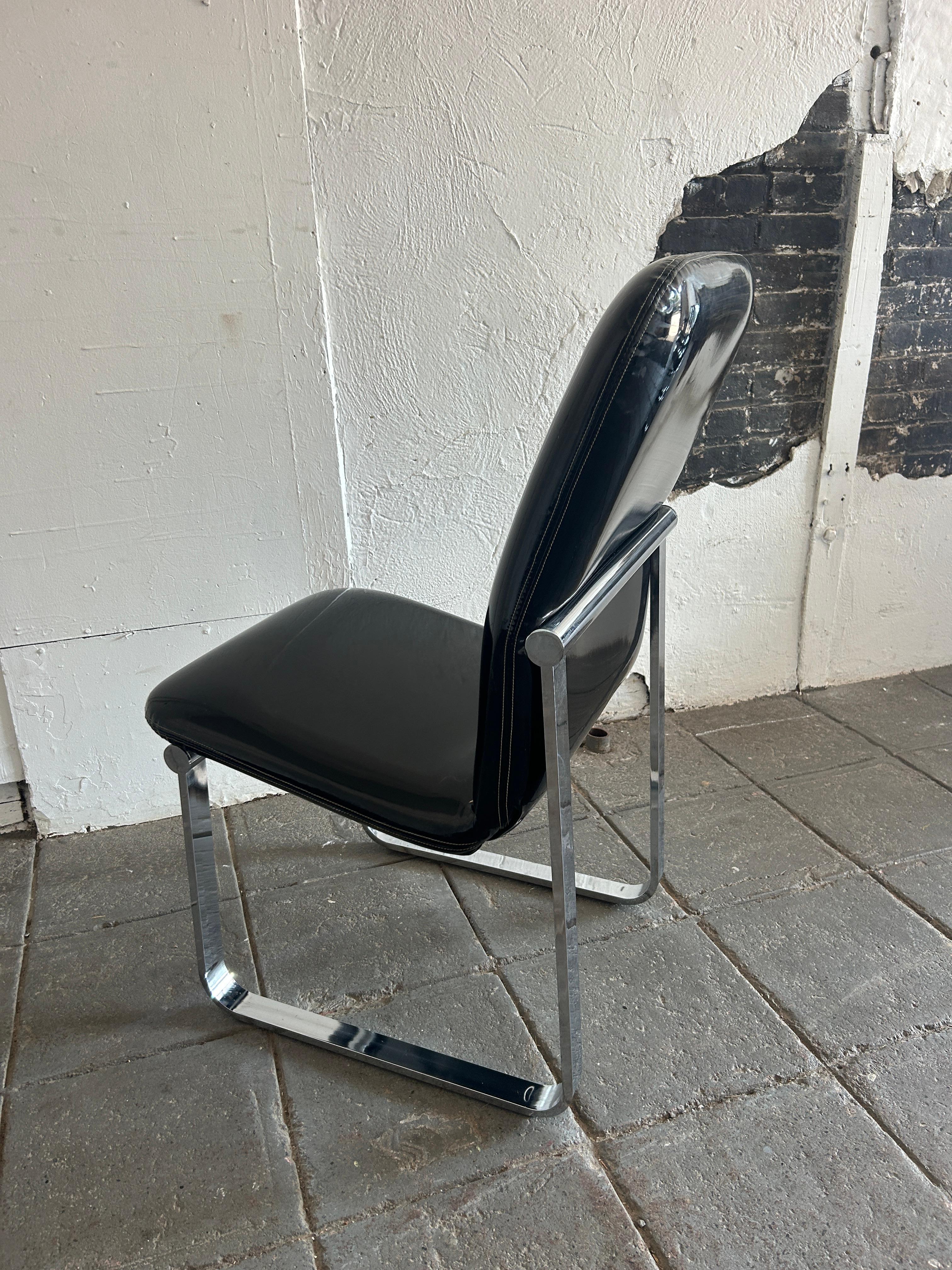Chrome (4) Mid century post modern Black Glossy Faux Patent Leather chrome chairs  DIA