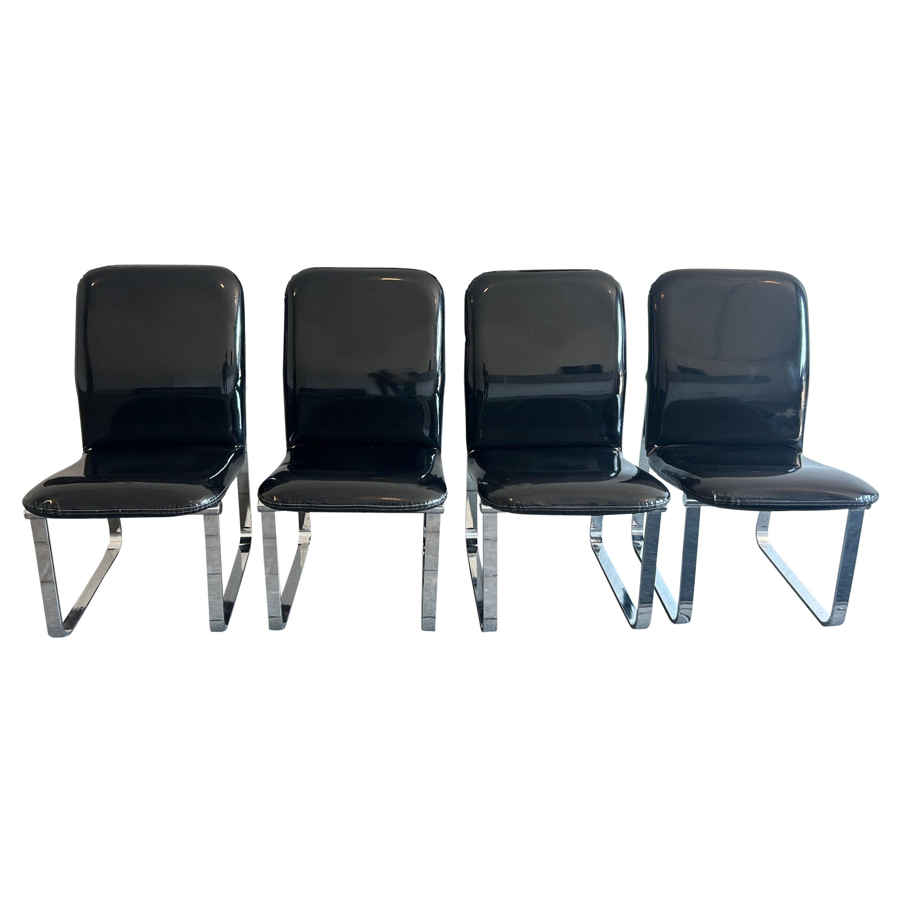 (4) Mid century post modern Black Glossy Faux Patent Leather chrome chairs DIA