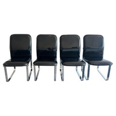 (4) Mid century post modern Black Glossy Faux Patent Leather chrome chairs DIA