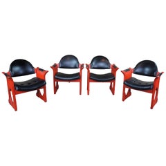 4 Mid Century Stanley Furniture Vinyl Retro Arm Chairs Barber Red Black MCM