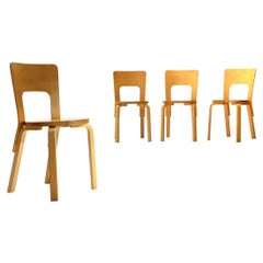 4 Midcentury ‘Chair 66’ Birch Wood Dining Chairs by Alvar Aalto for Artek, 1970