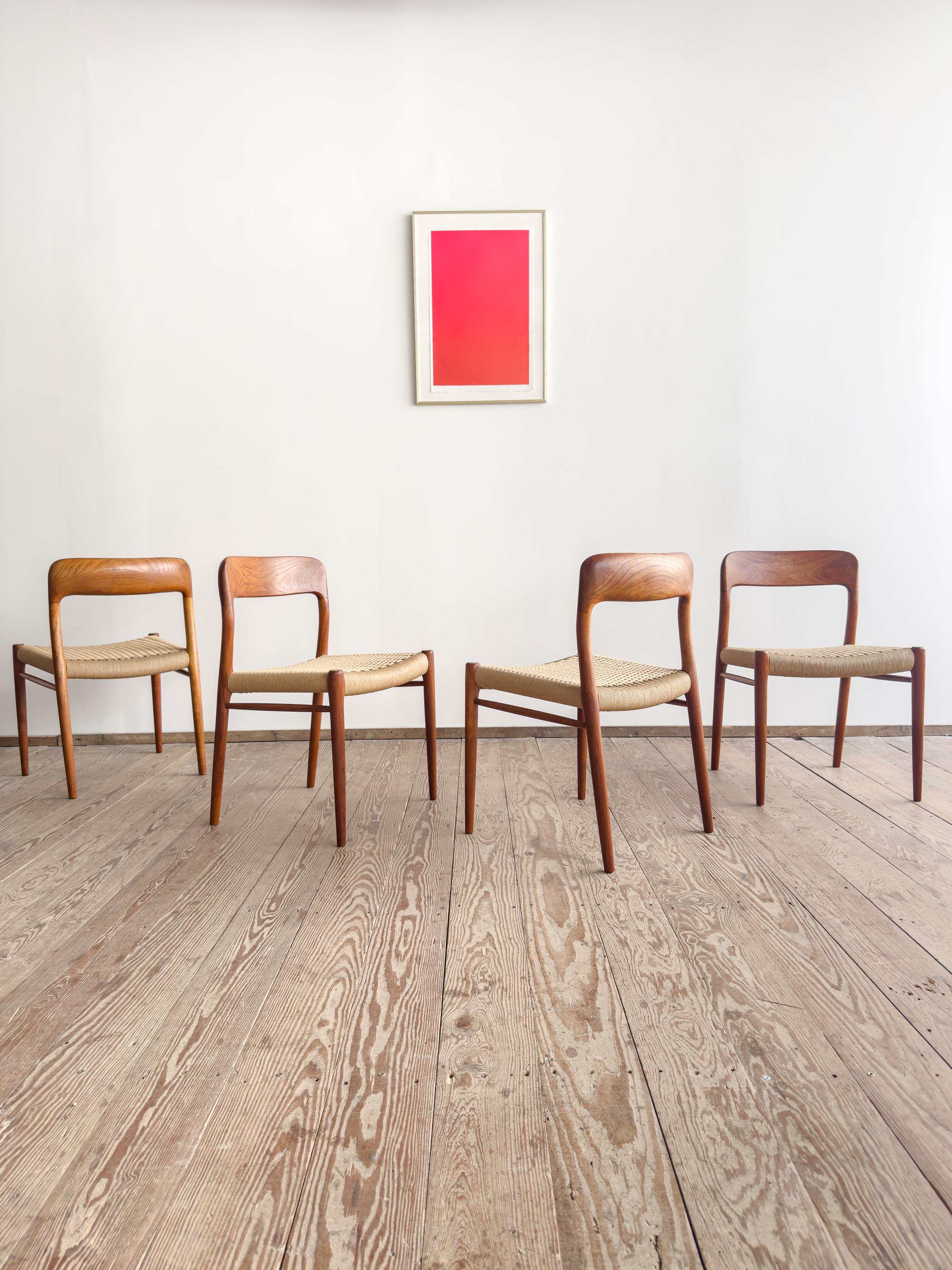 Original set of four dining chairs designed by Niels O. Møller and produced by J.L. Møllers Møbelfabrik, Denmark. Designed in 1954, Model 75 is a hallmark of Scandinavian Mid-Century design, known for its compact silhouette, subtle elegance, and
