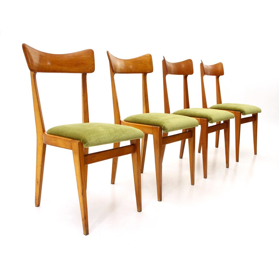 Mid-Century Modern 4 Midcentury Green Velvet and Wood Italian Dining Chairs, 1950s